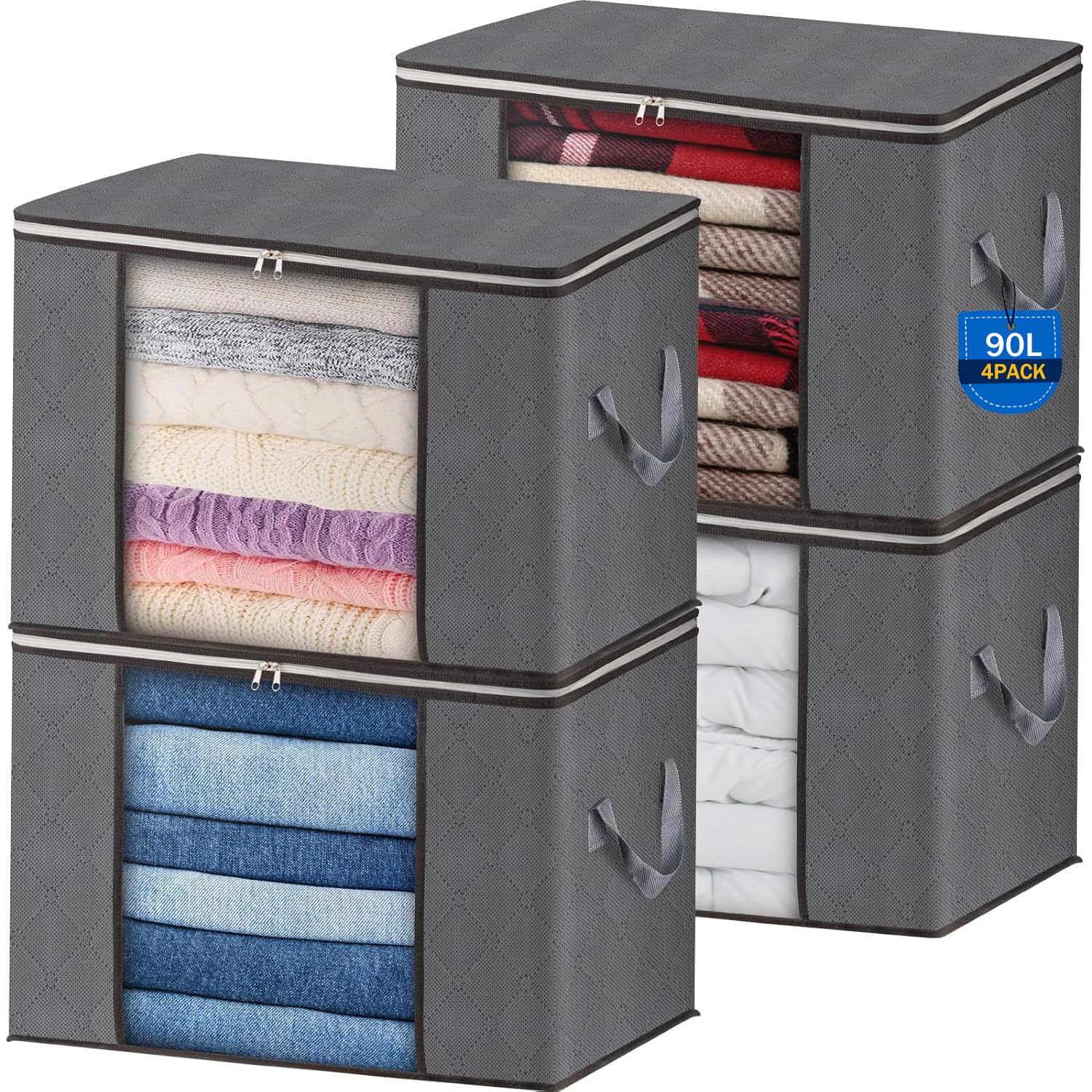 AIOR 4pcs Bolsa de Almacenamiento de Ropa Plegable, 90L Grandes Cajas de Almacenaje Ropa con Cremallera y Mango Reforzado, No-Tejida Organizador Guardar para Edredones Mantas, 60x40x35cm