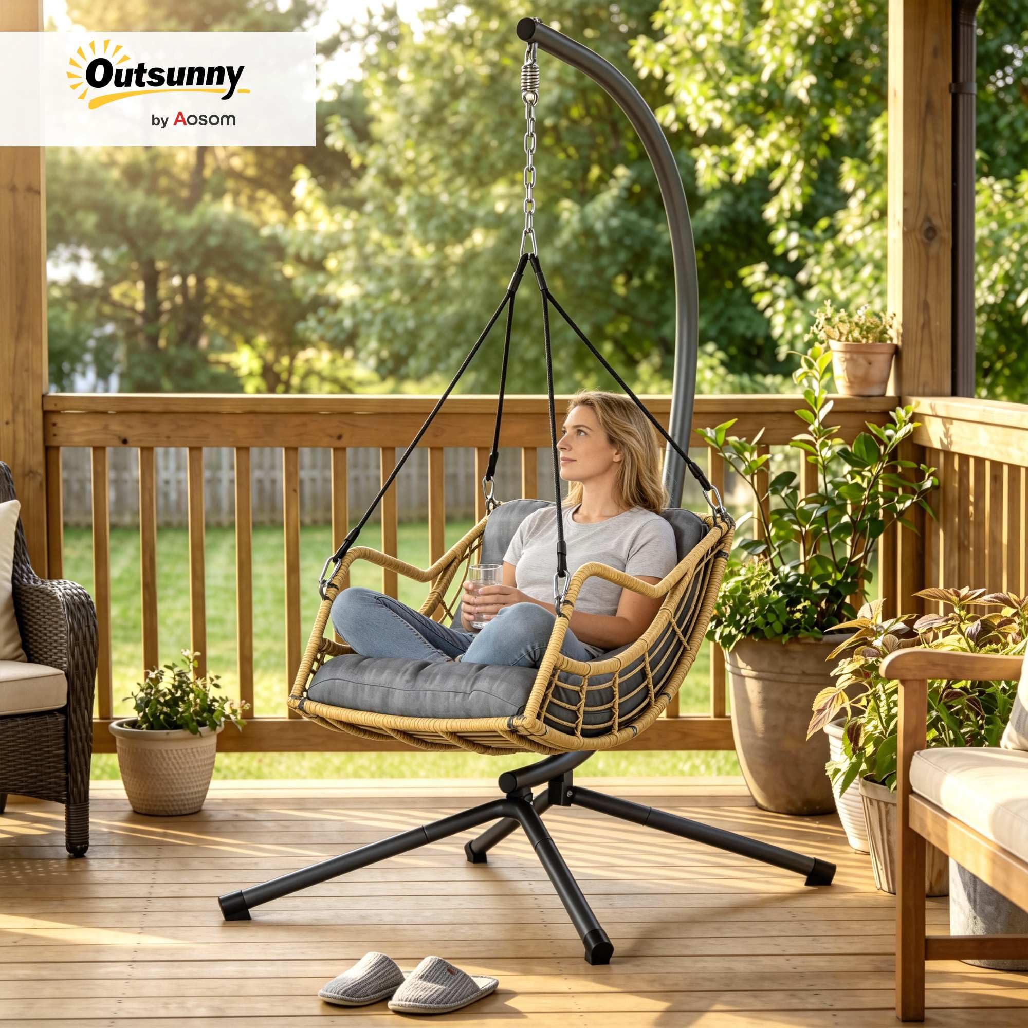 Outsunny Fauteuil Suspendu en Résine Tressée avec Support Coussin Gris