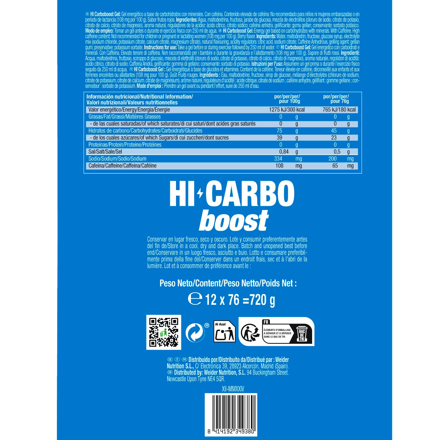 Victory Endurance HI Carbo Boost Gel 1:0,8 Series (12x76g) Sabor Frutos Rojos Con Cafeína, Alto en Carbohidratos con 45g/gel, 200mg sodio/gel, Energía inmediata, Aumenta Rendimiento, Disminuye Fatiga