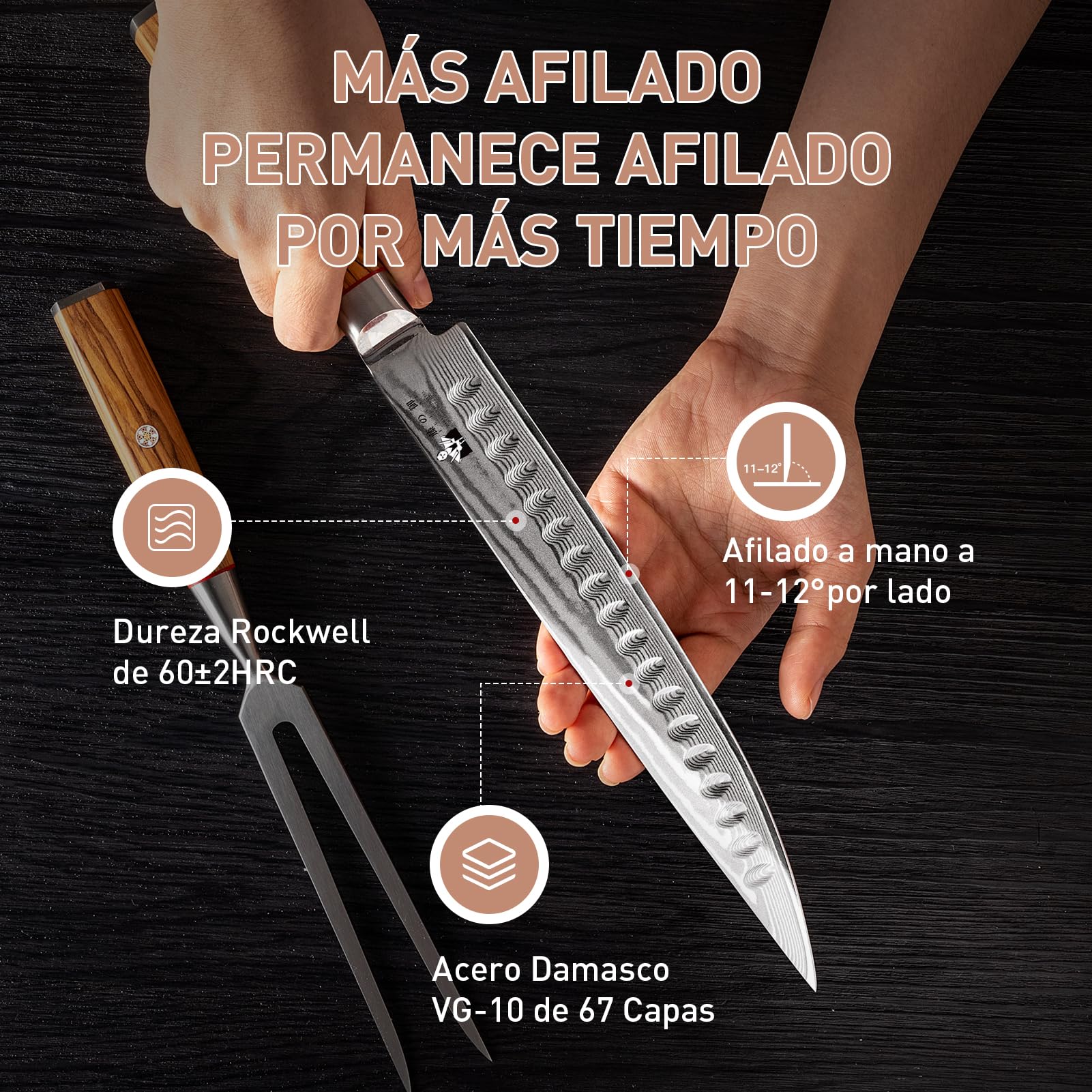 Set de Cuchillos Para Trinchar 2 Piezas, Cuchillo Rebanador de 22,5cm y Tenedor, Cuchillo para Carne de Acero Damasco de 67 Capas, Núcleo de Corte VG10 con Mango de Madera de Olivo