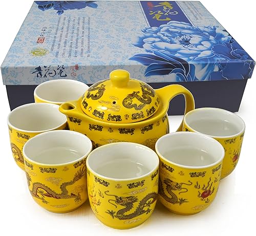Tetera de té chino Gongfu - Juego de té de porcelana de dragón amarillo caja de regalo de cerámica de filtración de acero inoxidable
