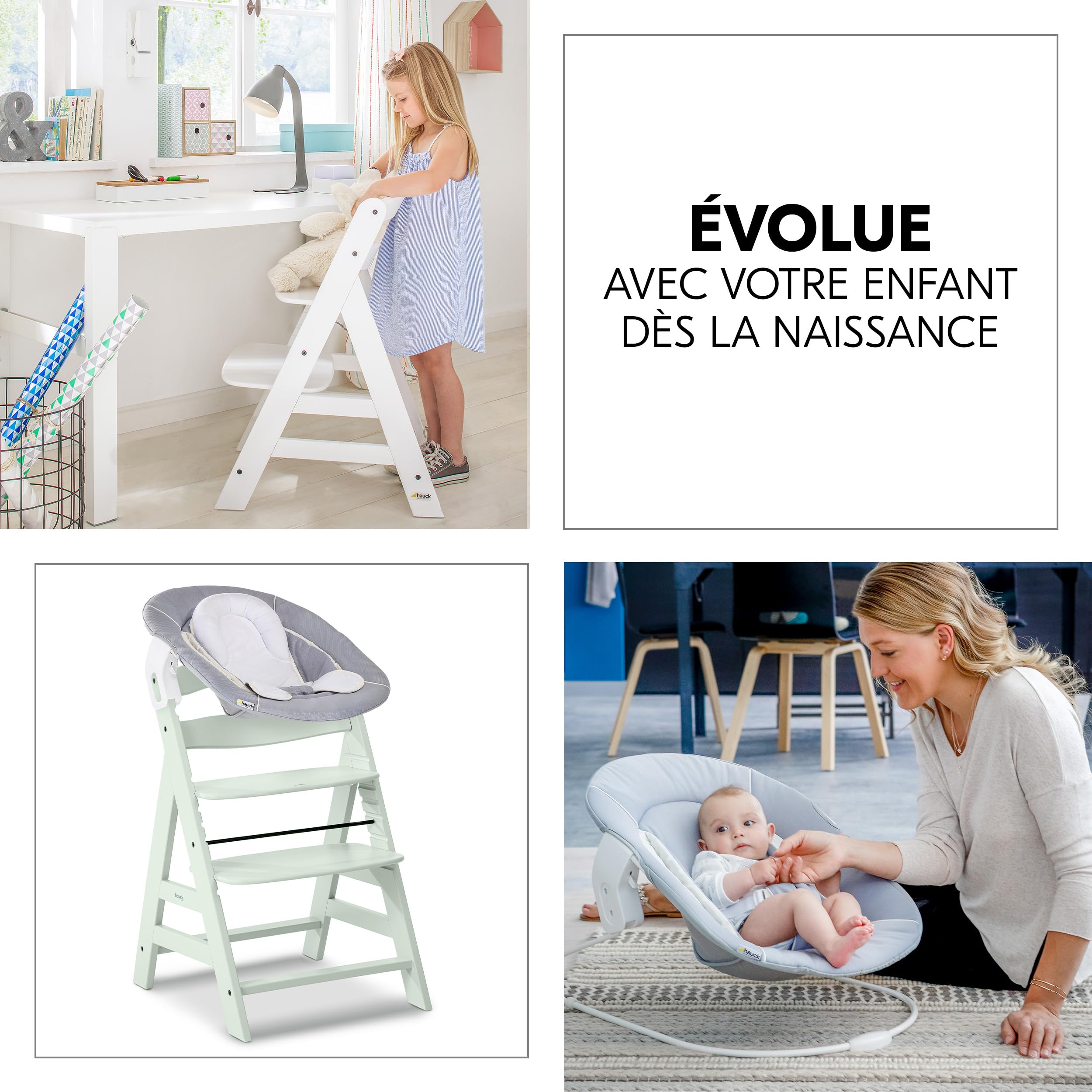 hauck Chaise Haute Bébé Évolutive Alpha Plus avec Insert Nouveau-né 2-en-1 – Utilisable dès la Naissance avec Réducteur Amovible et Coussin d’Assise Inclus, Idéal pour Repas - Menthe | Chaise haute en bois pour enfant de la naissance jusqu'à 90 kg - Avec