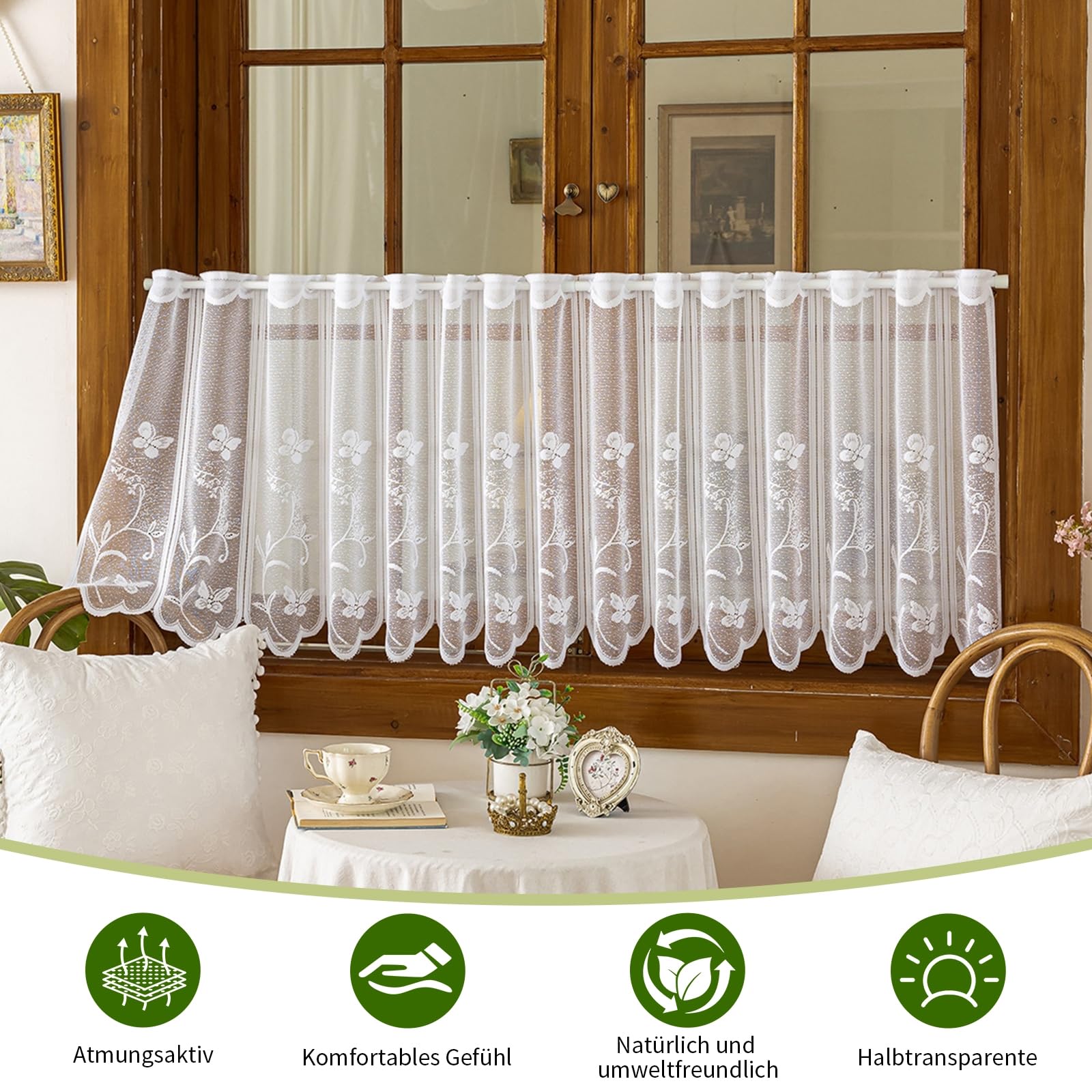 1er Pack Halbtransparent Besticke Weiß Blumen Schmetterling Scheibengardine Küchen Vorhang Tür Gardine HxB 60x180cm