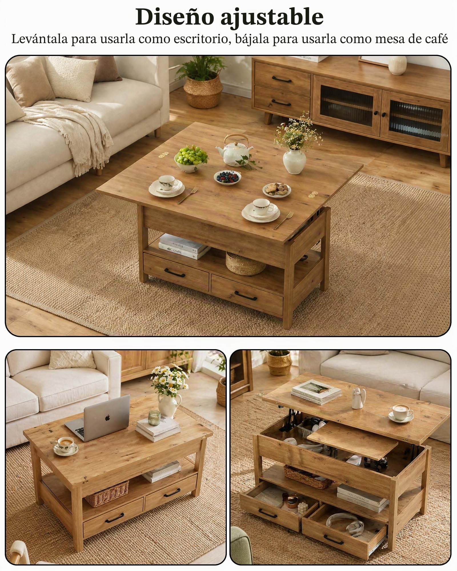 Mesa de Centro Elevable y Extensible, Coffee Table con Altura Regulable, Mesa Auxiliar Sofa con 2 Cajones, 2 USB y 2 Enchufes, Luz LED, Madera