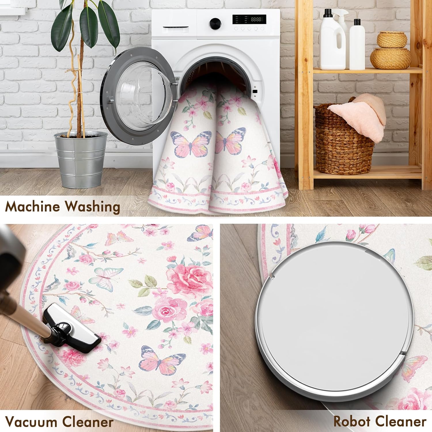 4' Machine Washable Round Area Rug, Non-Slip Vintage Pink Floral Circle Floor Rugs for Kids, Low Pile Room Carpet for Living Room, Bedroom, Dining Room & Nursery(4' Pink Floral 2)