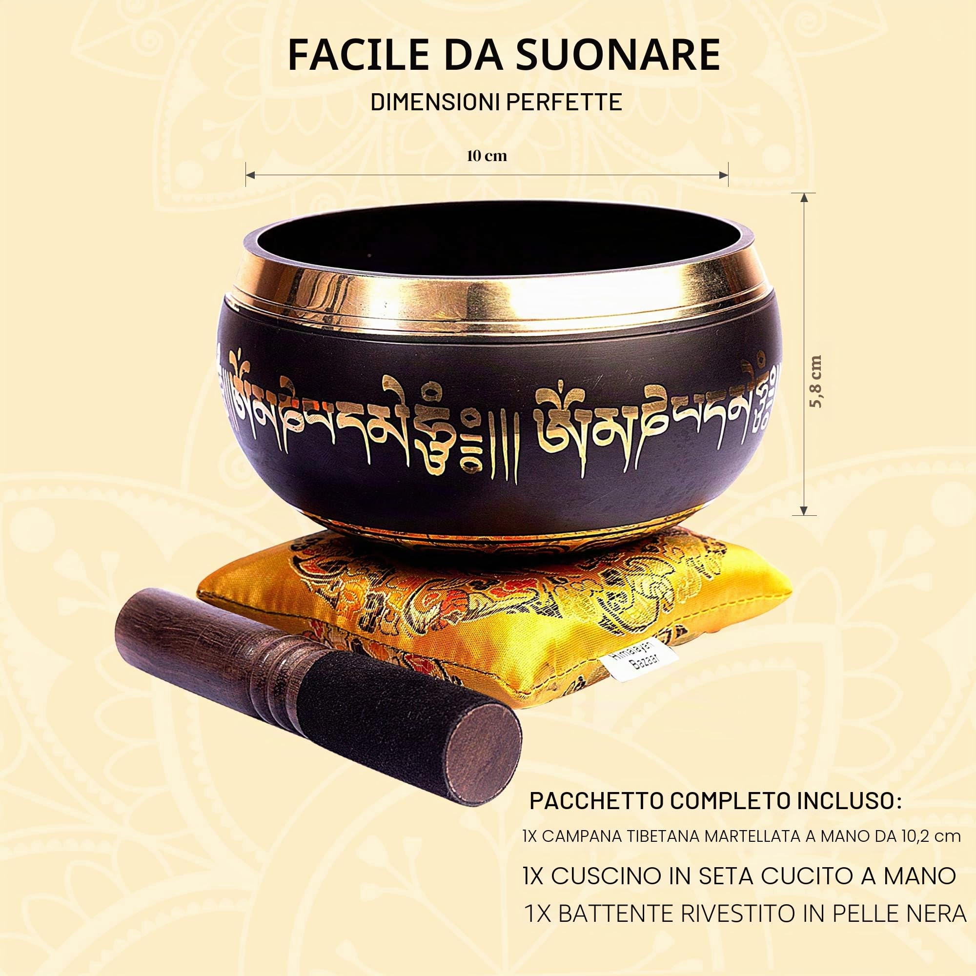 Himalayan Bazaar - Set con campana tibetana, facile da suonare, realizzato a mano, per meditazione tramite il suono, 10 cm, per la guarigione dei 7 chakra