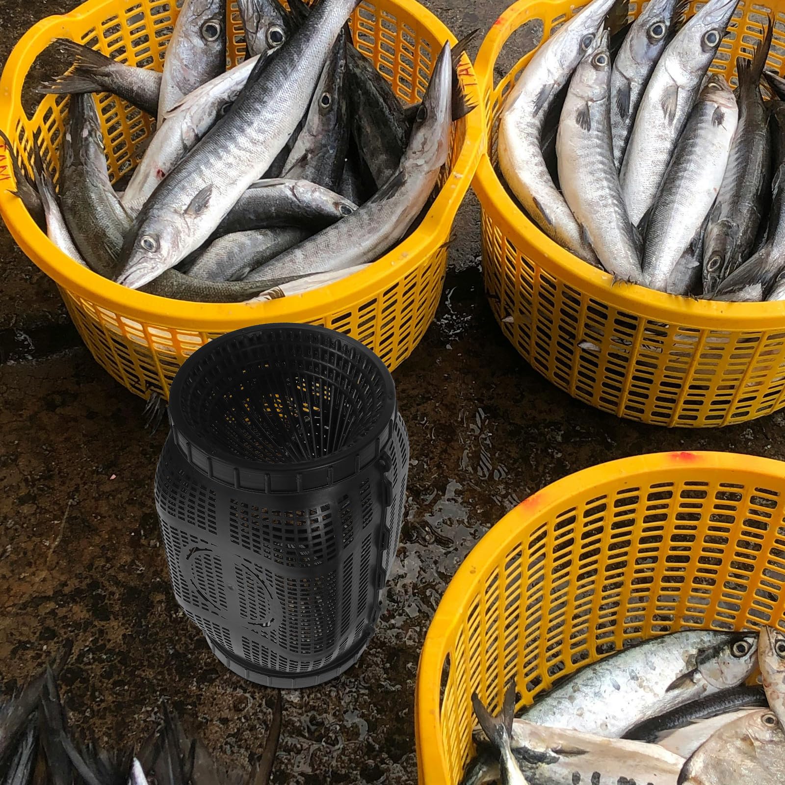 ibasenice Jaula para Peces Grande Jaula de Red para Peces Redonda de Plástico Negra Anti-Escape para Lagos y Ríos Caja de Cría de Acuario para Capturar