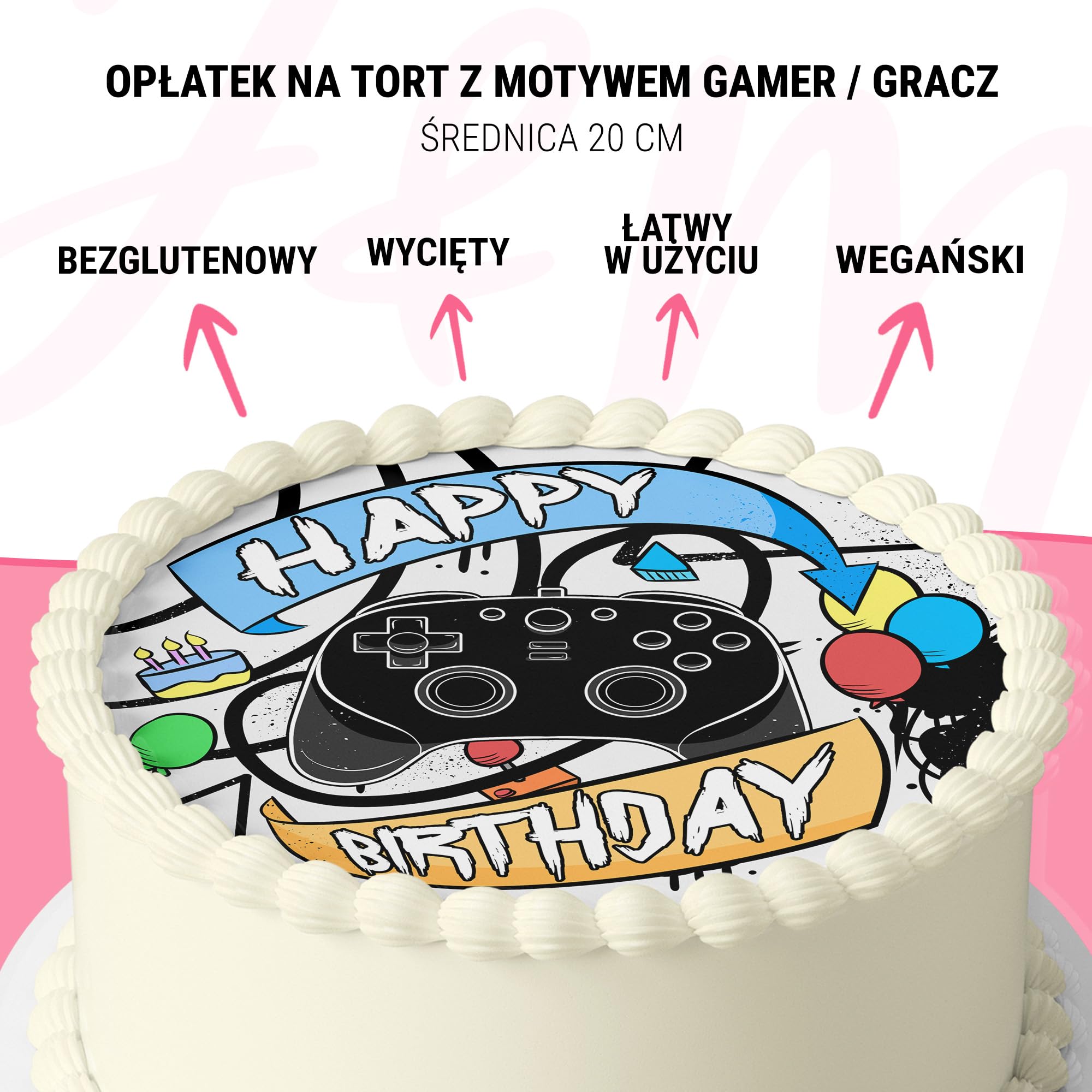 J&M DECO Opłatek na tort Gamer Ø20 cm – jadalna dekoracja urodzinowa dla dzieci – topper gamingowy z papieru opłatkowego 0,6 mm – bezglutenowy i wegański
