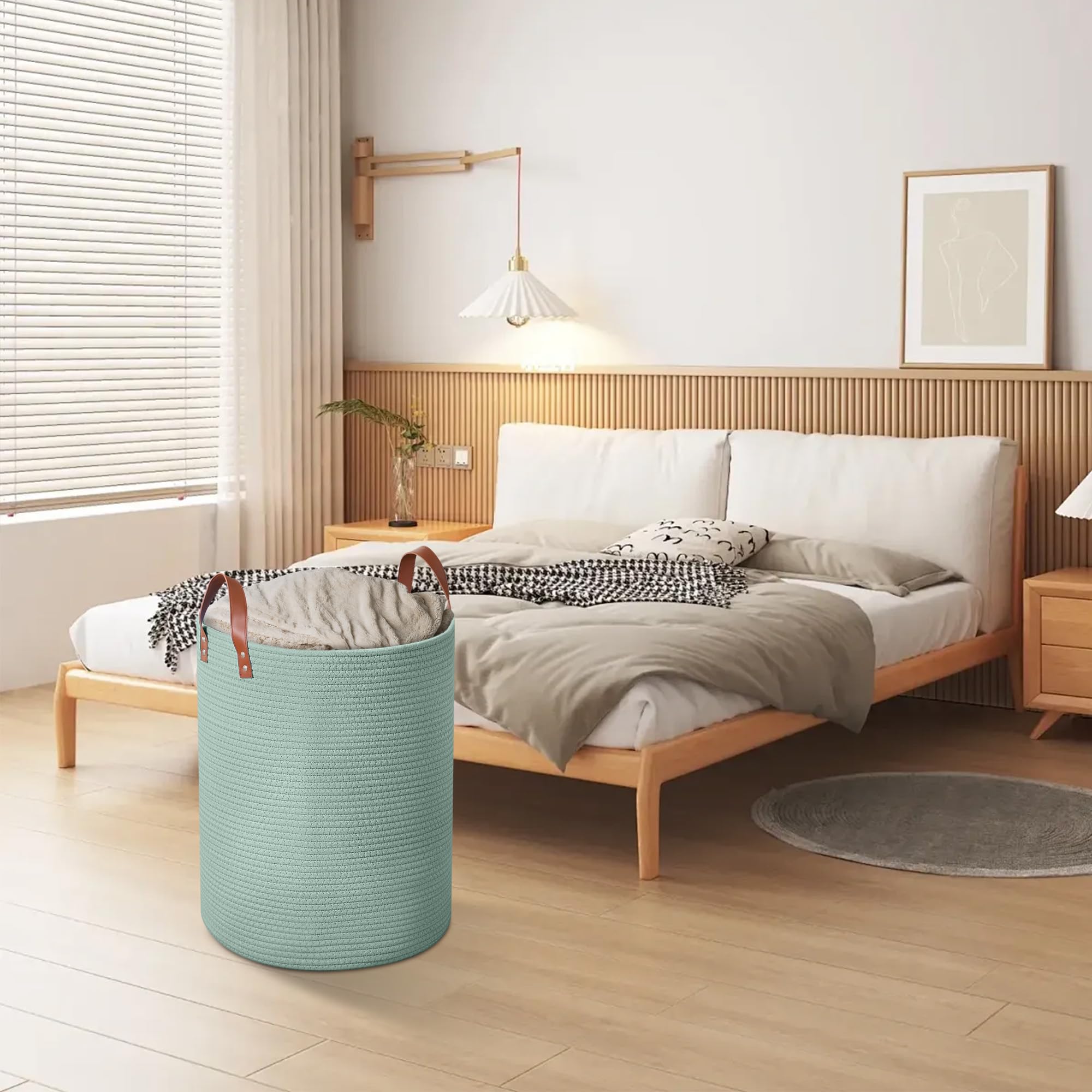 Grande cesto portaoggetti in corda intrecciata da 80 l, con manici in pelle, per giocattoli per cani, camera da letto, cameretta dei bambini, cesto portabiancheria alto 40,6 x 50,8 cm (verde)