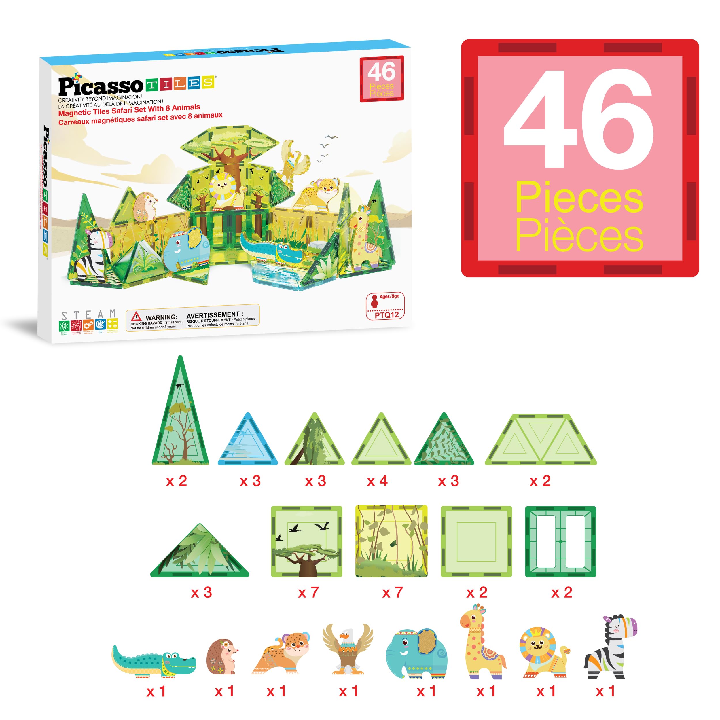 PicassoTiles Magnet Tile Building Block Safari Themed Set including 8 Compatible Magnetized Animal Action Figures Build Blocks Toddler Creativity Toys STEAM Educational Learning Skills Ages 3+ PTQ12 - Image 3
