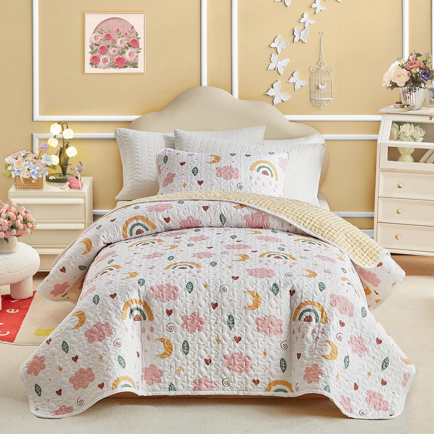 Joyreap Queen Size Quilt Set for Girls, Pink n Yellow Clouds Moon Rainbow Lovely Design, 3 Pieces Soft n Cozy Microfiber Quilt, Bedspread Bed Cover for All Season- 90x90 inches
