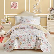Queen Size Quilt Set for Girls, Pink n Yellow Clouds Moon Rainbow Lovely Design, 3 Pieces Soft n Cozy Microfiber Quilt, Bedspread Bed Cover for All Season- 90x90 inches
