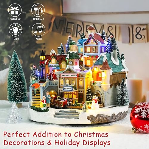 Miniatura 6 de VCUTEKA Aldea Navideña Animada, Estación de Tren Musical Iluminada, Escena de Aldea Navideña de Navidad con Tren Rotatorio, Muñeco de Nieve, Aldea