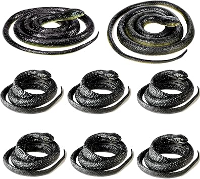 8 Pieces Large Realistic Rubber Snake Toys Fake Black Plastic Snakes That Look Real for Garden Props to Keep Birds Away, April Fools Day Prank Stuff Halloween Scary Toys