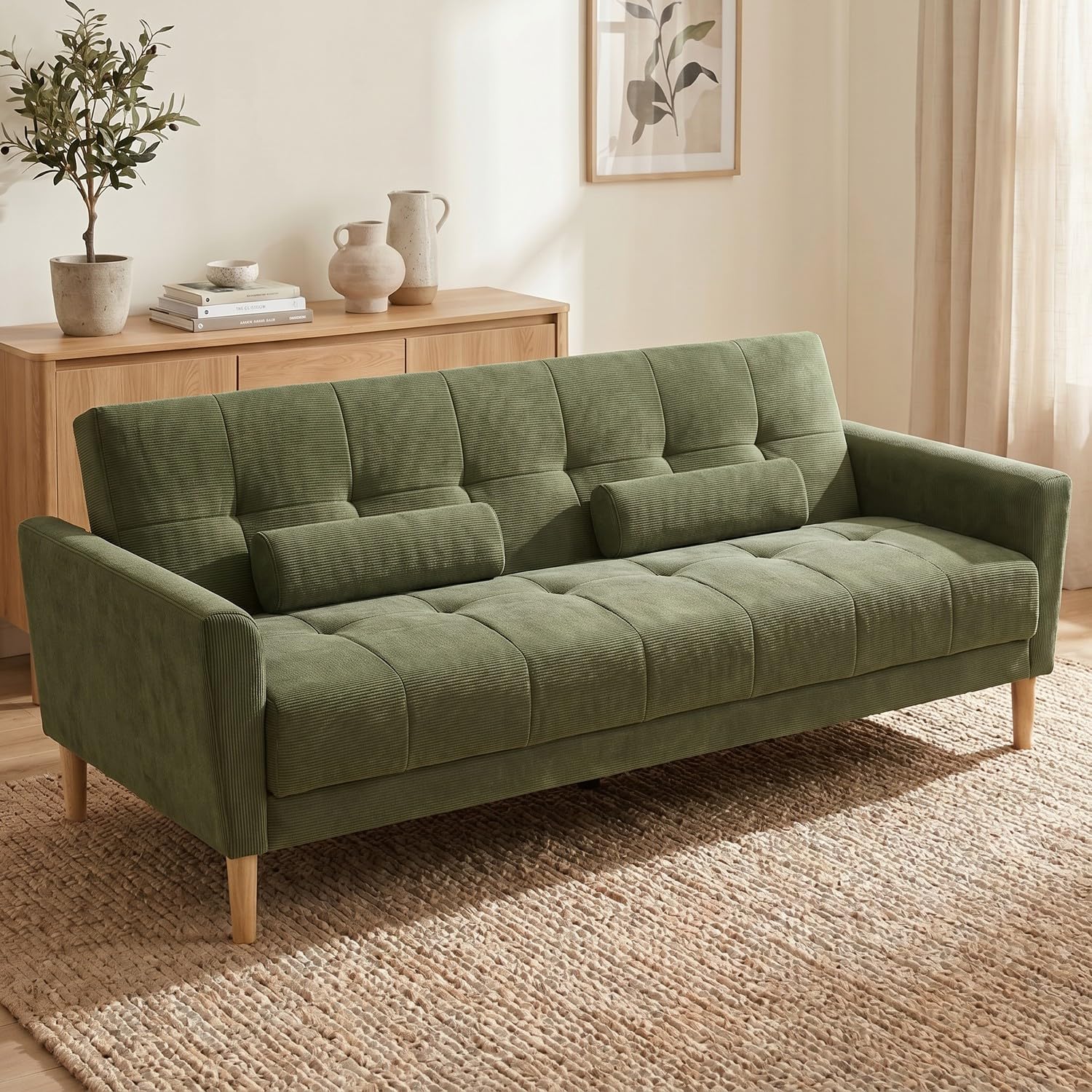 Hroth 3 Seater Fabric Sofa Bed with Adjustable Backrest, Green