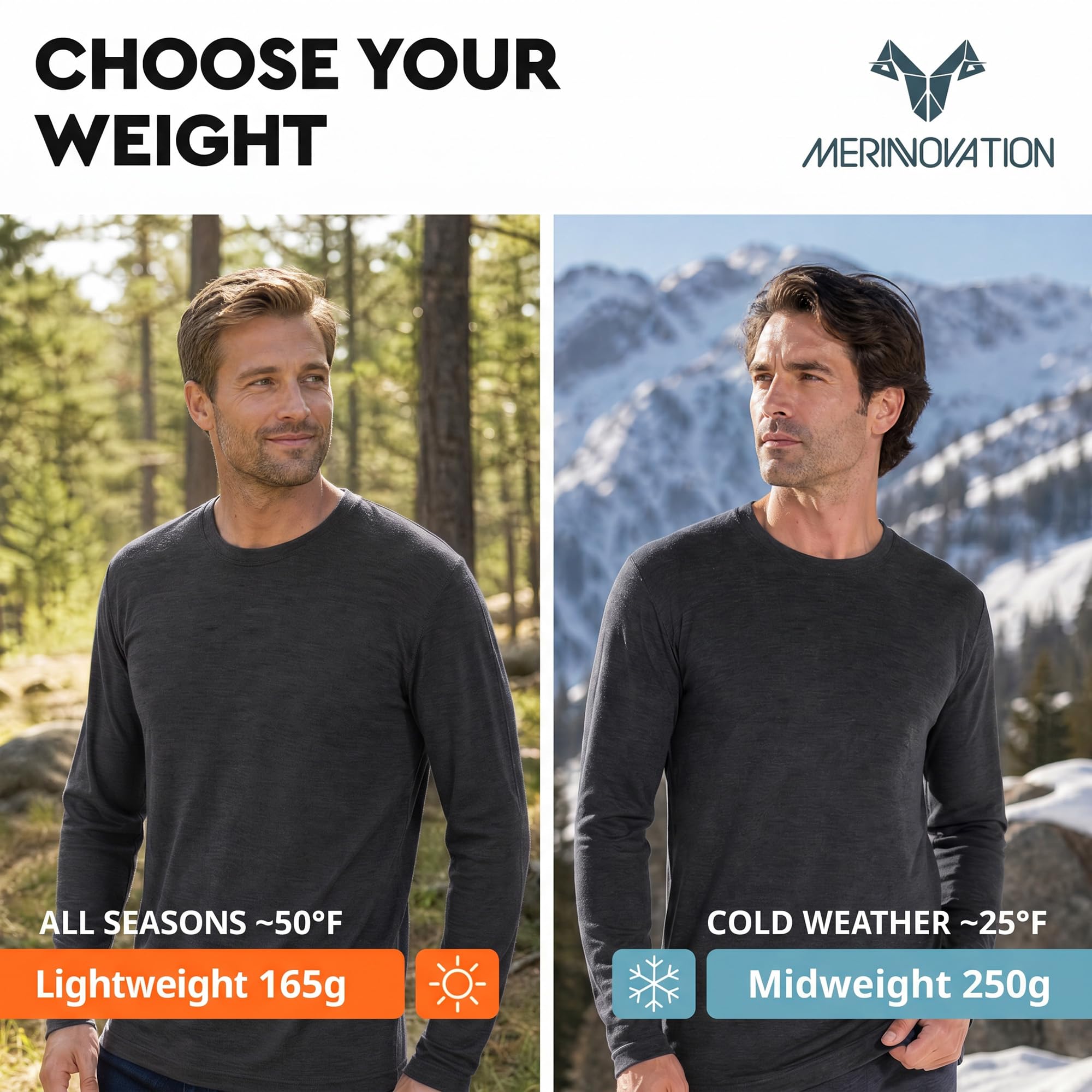 MERINNOVATION 100% Merinowolle Shirt for Harren Thermo Unterwäsche Langarm,Temperaturregulierend, Weich
