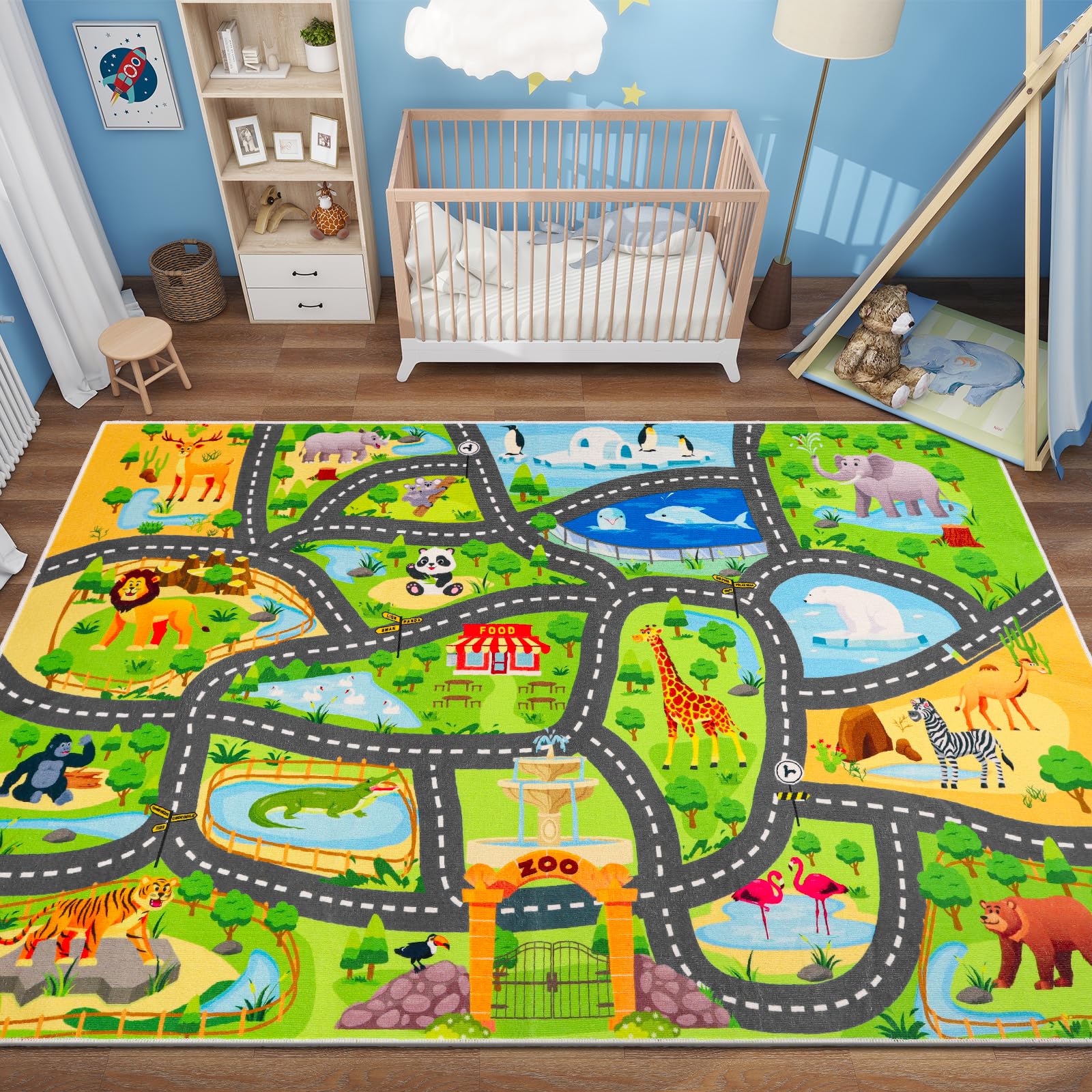 Car Rugs for Kids Toy Cars,59"X39.4" Animal Road Rug for Kids,Non Slip Zoo Road Map Cars Track Mat,Washable Kids Carpet Playmat Rug for Playroom