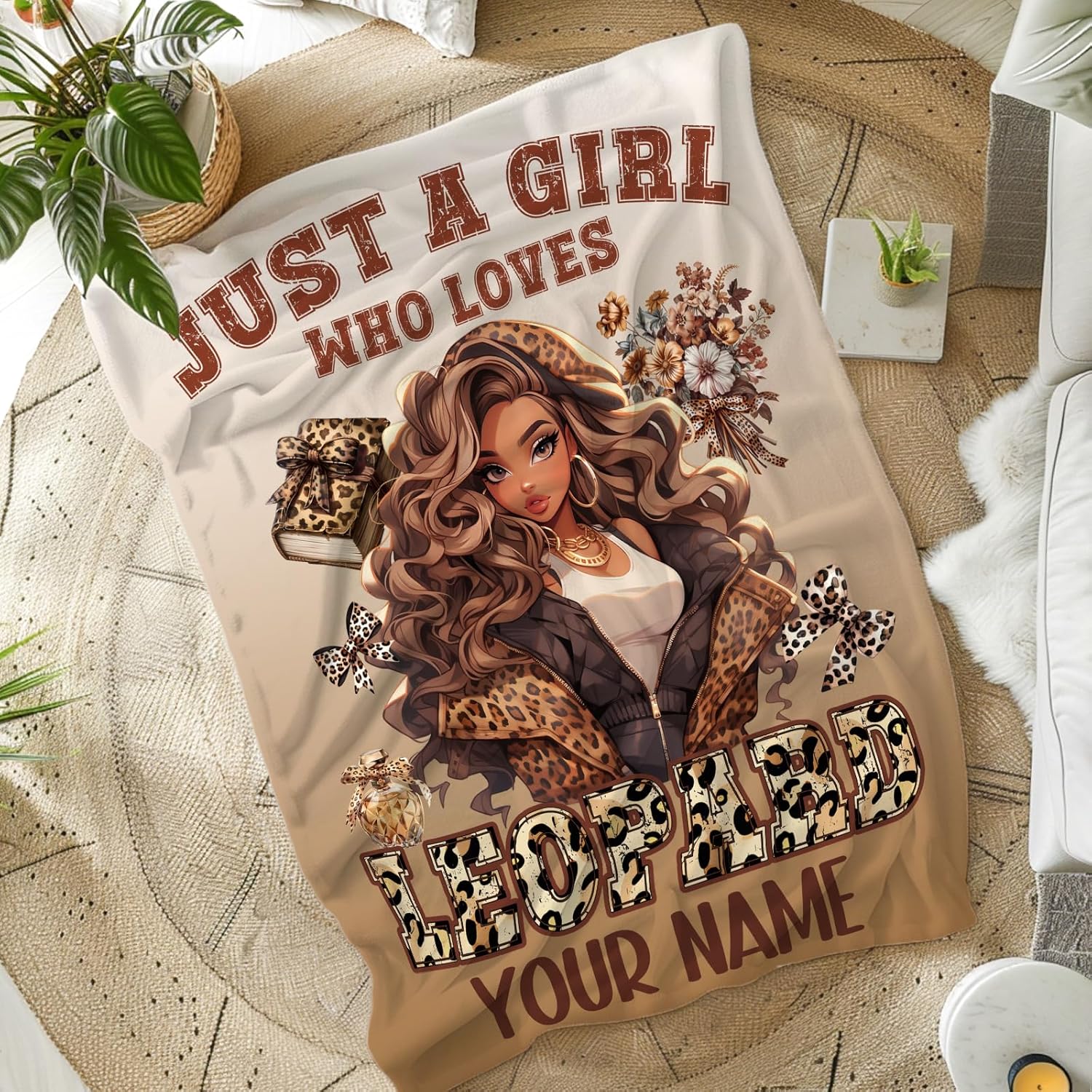 Personalized African American Girl Throw Blankets, 60x80 Inches Cute Blanket Gifts for Women Leopard Lovers, Soft Fuzzy Blankets Decor for Home Sofa Couch Bed