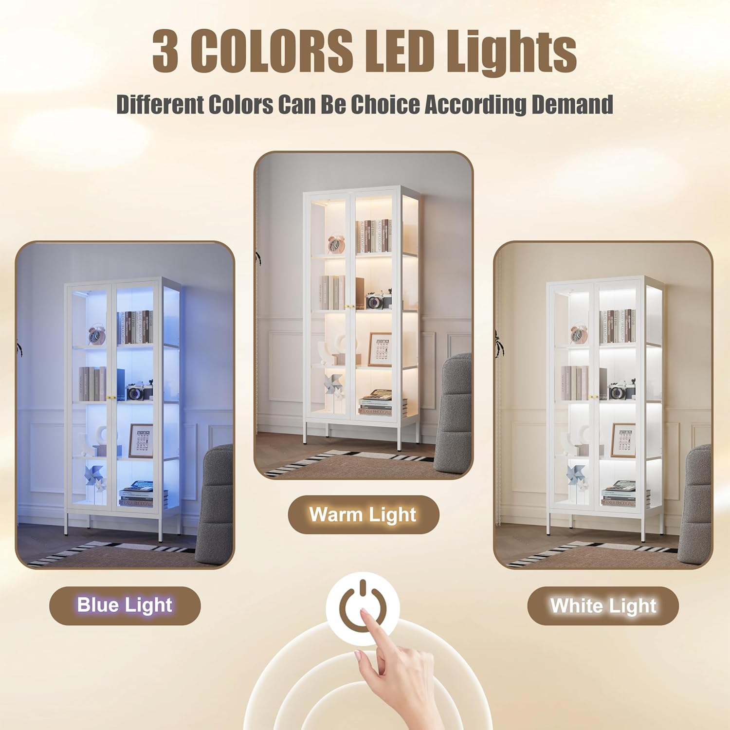 Glass Display Cabinet with LED Lights, White Curio Glass Showcase, 66" Tall Metal Storage Cabinet with Doors and Adjustable Shelves, 3 Color Lighted Display Case for Living Room, Hallway, Pantry