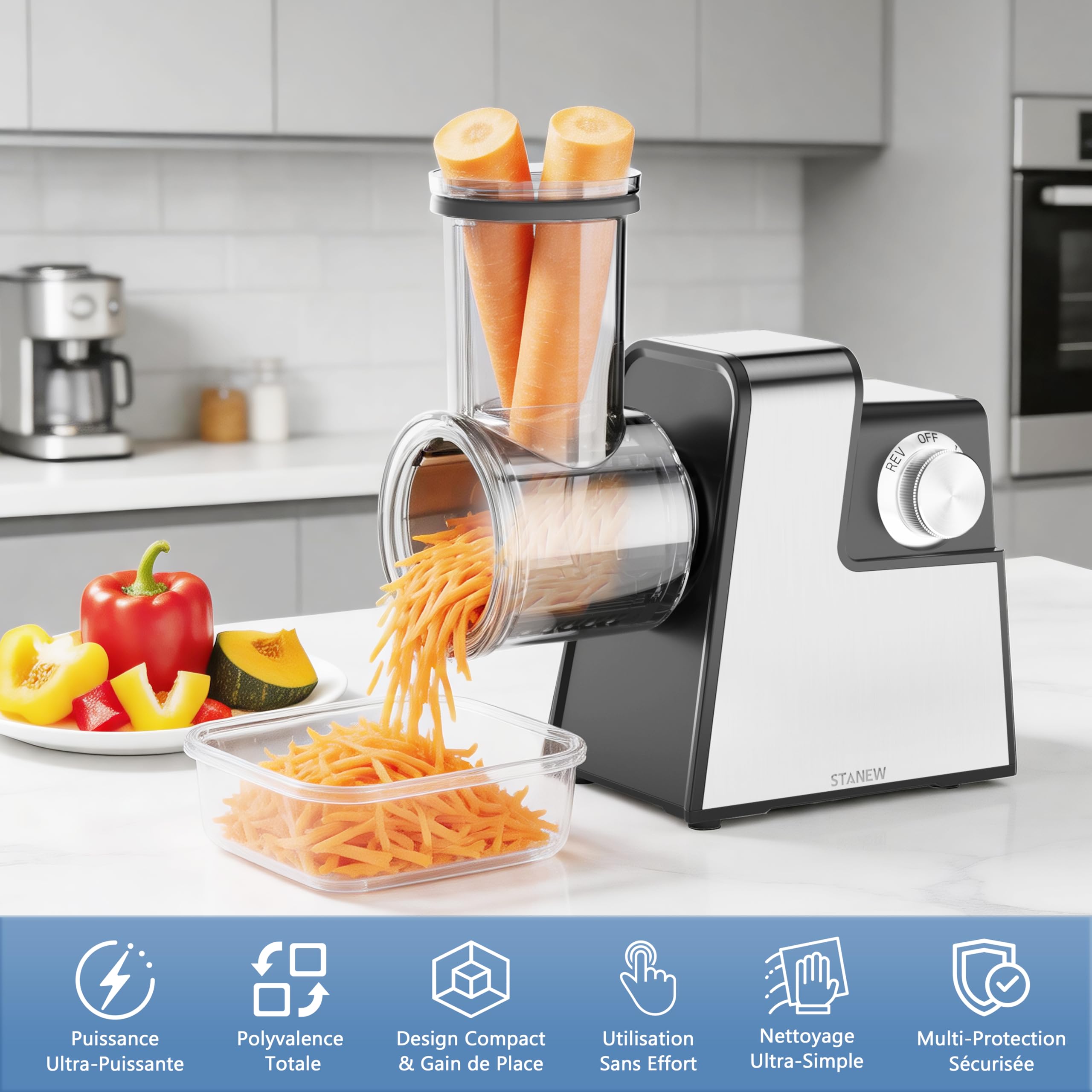 Hachoir à Viande Électrique 2500W STANEW Professionnel 5 Lames Inoxydables Multifonction Trancheuse Râpe Accessoires Complets Design Compact pour Préparations Maison