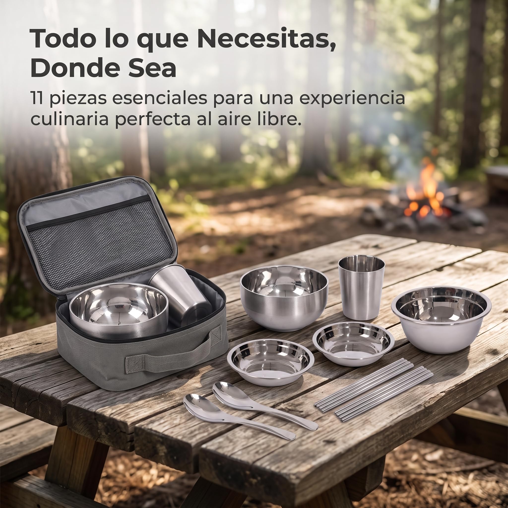 Set di da Campeggio in Acciaio Inox, Kit di Posate Portatile e Riutilizzabile per Campeggio ed Escursioni, con Borsa in Rete