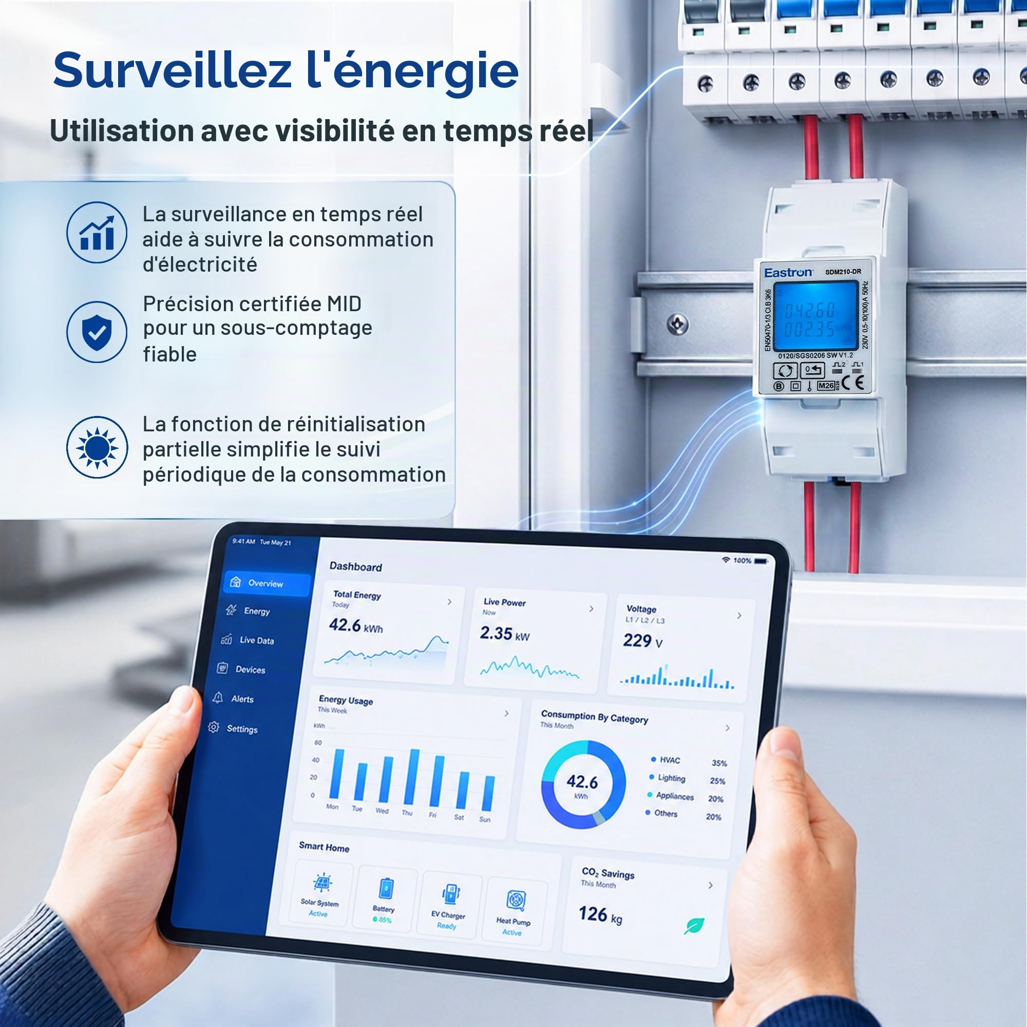 Compteur d'énergie monophasé Modbus, avec entrée électrique - 100A, sortie impulsionnée fixe 1000imp/kWh - Nécessite des entrées de tension secteur (phase et neutre entrée et sortie) - SDM210-DR-MID