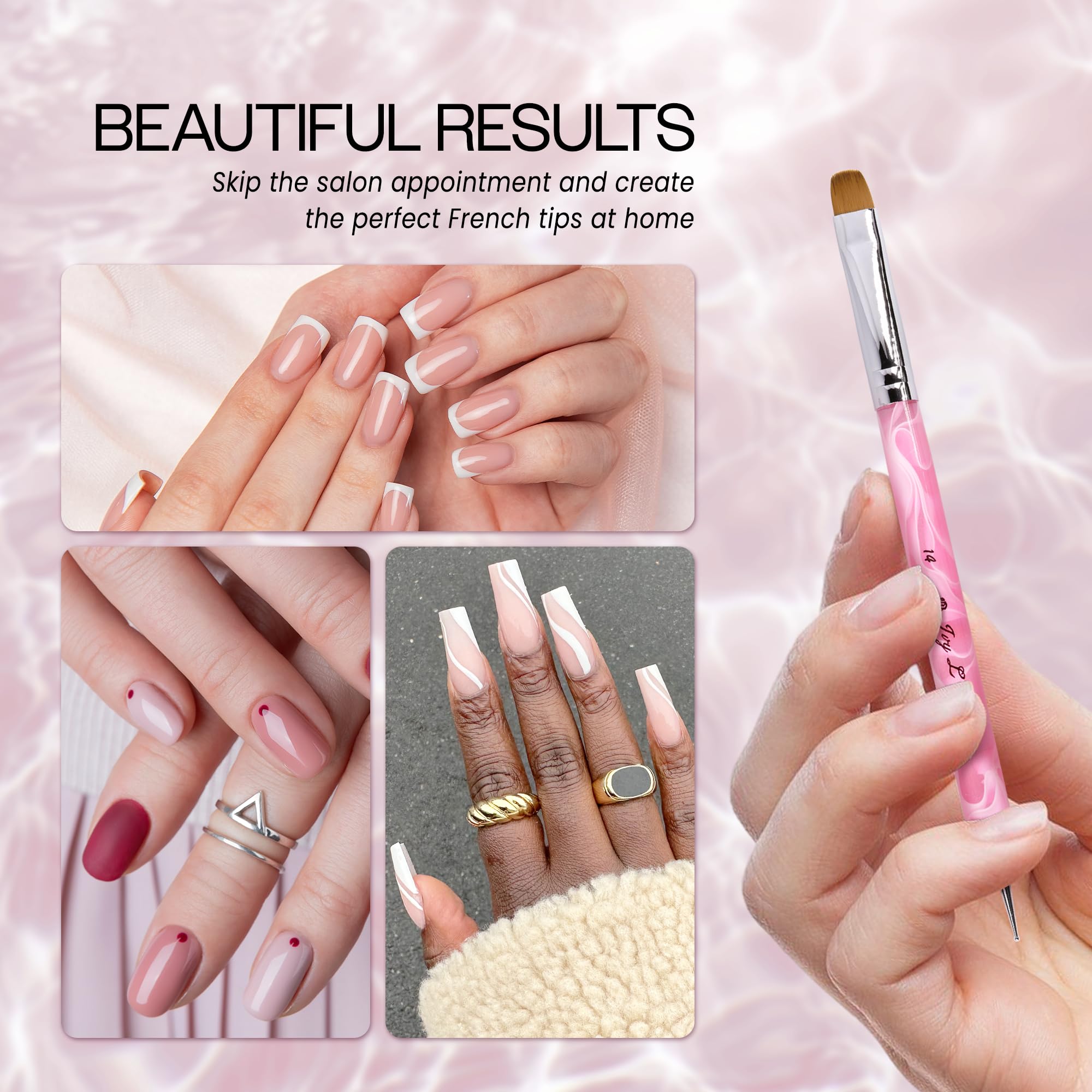 Ivy L - Pennello Kolinsky per nail art in gel acrilico a 2 vie, con strumento per punteggiare, per manicure professionale e pulizia delle cuticole (misura n. 14, marmo rosa)
