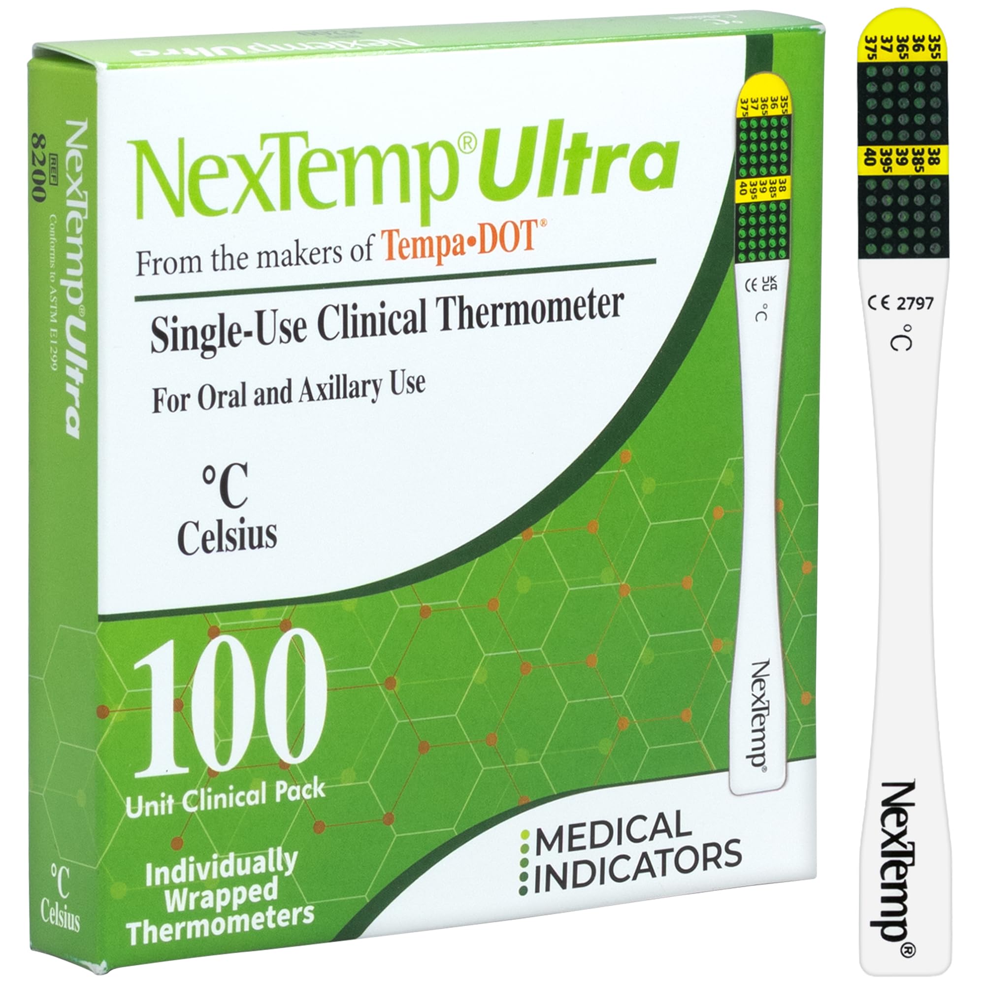NexTemp Ultra 100 unidades – Celsius – Termómetro de un solo uso, envuelto individualmente – Precisión superior y lo último en control de infecciones – Retención de señal extendida de 1 minuto