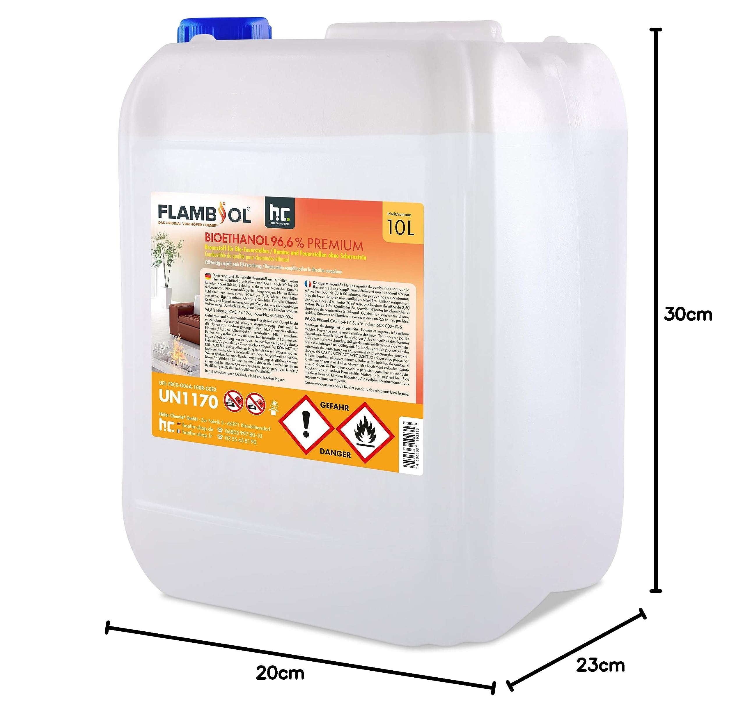 Höfer Chemie Bioethanol 96,6% Premium 3 x 10L - Ethanol für Tischkamin, Kamin & Gartendeko für Draußen - Rauch- und Rußfrei - Aus Mais & Zuckerrüben