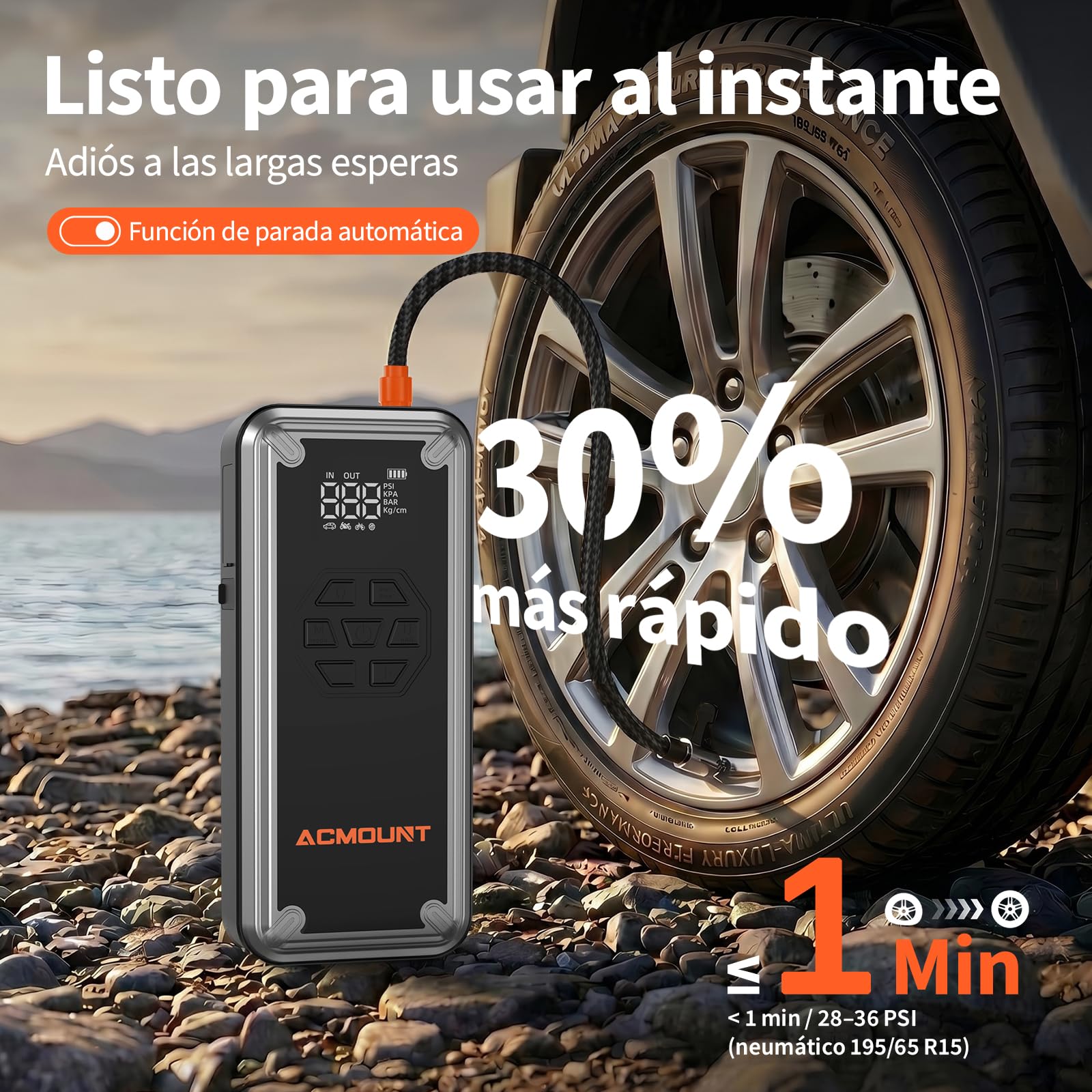 Acmount Arrancador de Baterias de Coche 7000A, Arrancador de Coches Compresor de Aire 150 PSI, Booster Bateria 12V (para All Gas o 12L Diesel) con Pantalla LCD, Linterna LED de 800 Lúmenes