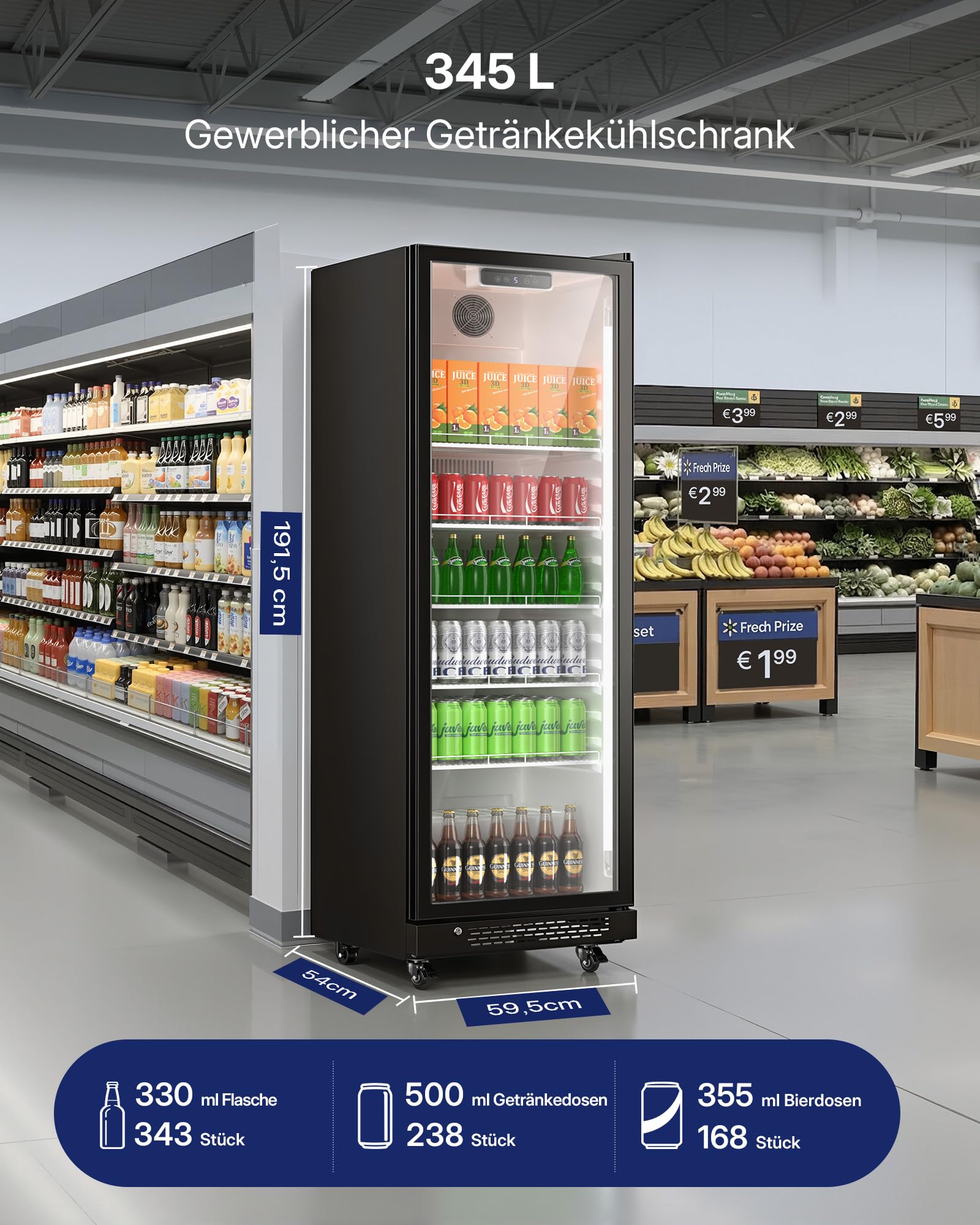 Upstreman 345L Getränkekühlschrank mit Glastür, LED-Beleuchtung, höhenverstellbaren Regalen, Sicherheitsschloss, Lenkrollen, D345 Schwarz