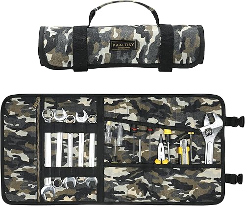 Miniatura 8 de Rollo de herramientas de lona  Estuche portátil de almacenamiento de herramientas de 12 bolsillos, bolsa enrollable de lona encerada de 16 onzas,
