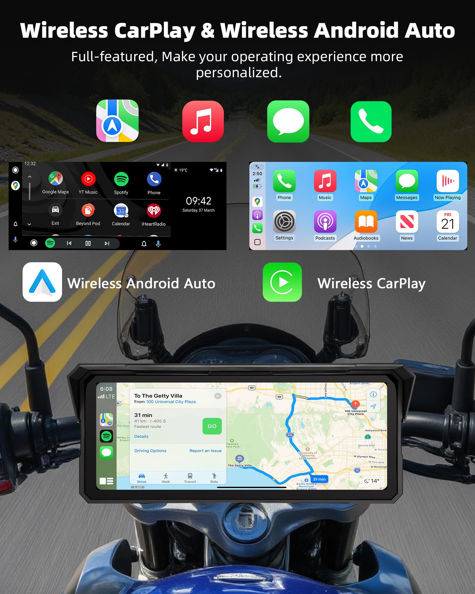 8,1 Zoll Motorrad Carplay Drahtloses Carplay und Android Auto für Motorräder, IP67 Wasserdichtes Touchscreen Motorrad Navi GPS, Bluetooth-Audio, Siri und Google - 2