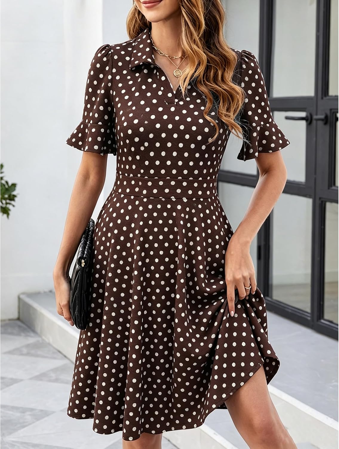 Mokayee Womens Summer Ruffle Sleeve Collared V Neck Fit and Flare Elegant A line Swing Dresses with Pockets