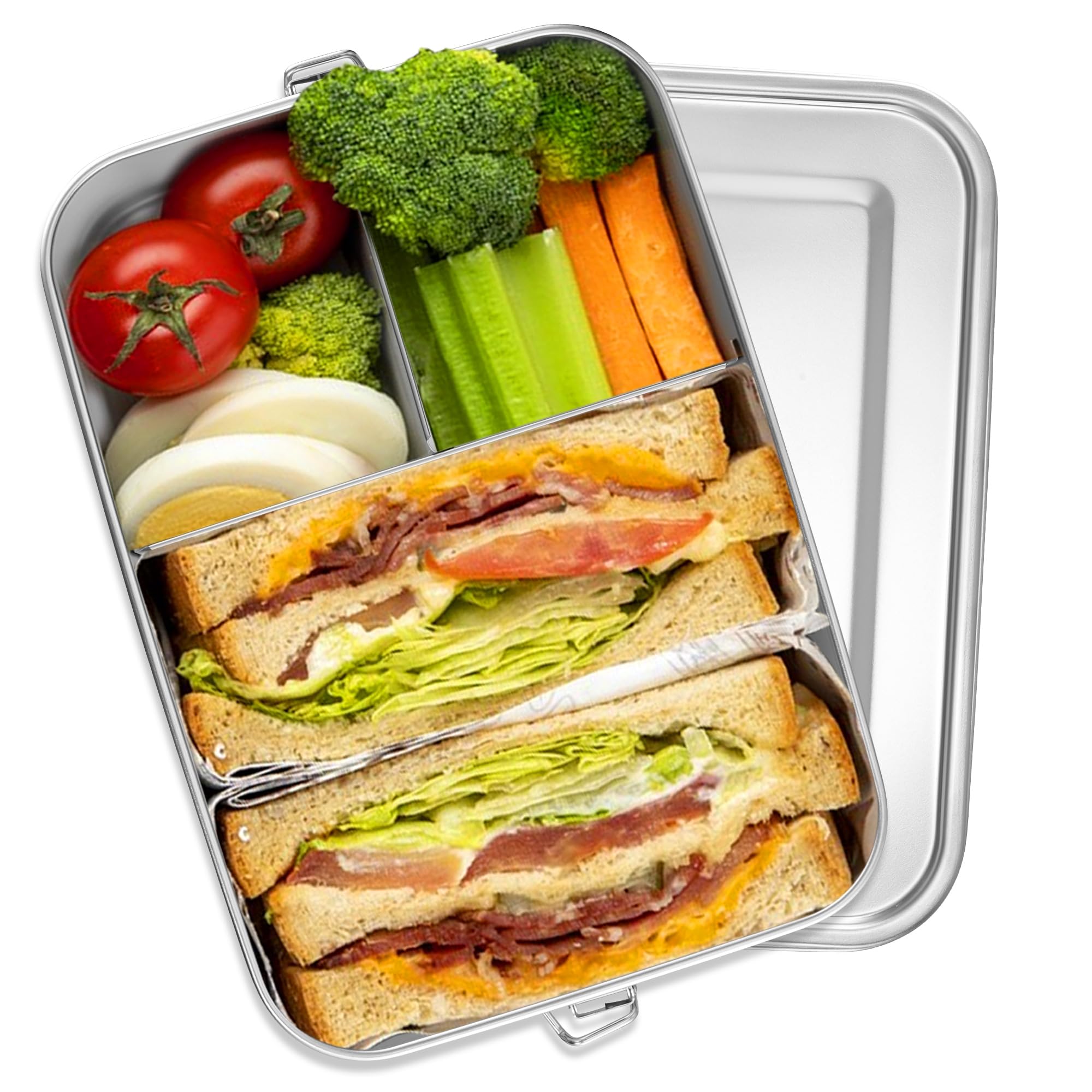 Joyfair Stainless Steel Lunch Box, 2400ml Bento Box with 1 Removable Compartment, Extra Large Salad Food Storage Containers for Adults and Kids, Lockable Clips & Leak Proof, Oven & Dishwasher Safe