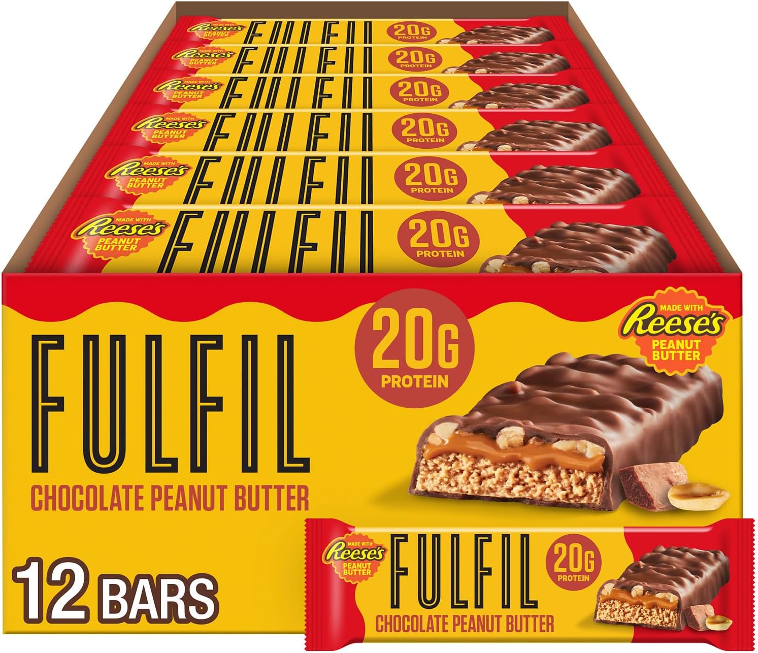 FULFIL Chocolate Peanut Butter Flavored Protein Bar Made with REESE's Peanut Butter, Gluten Free with 20g Protein, Pantry Staples, 12 Count