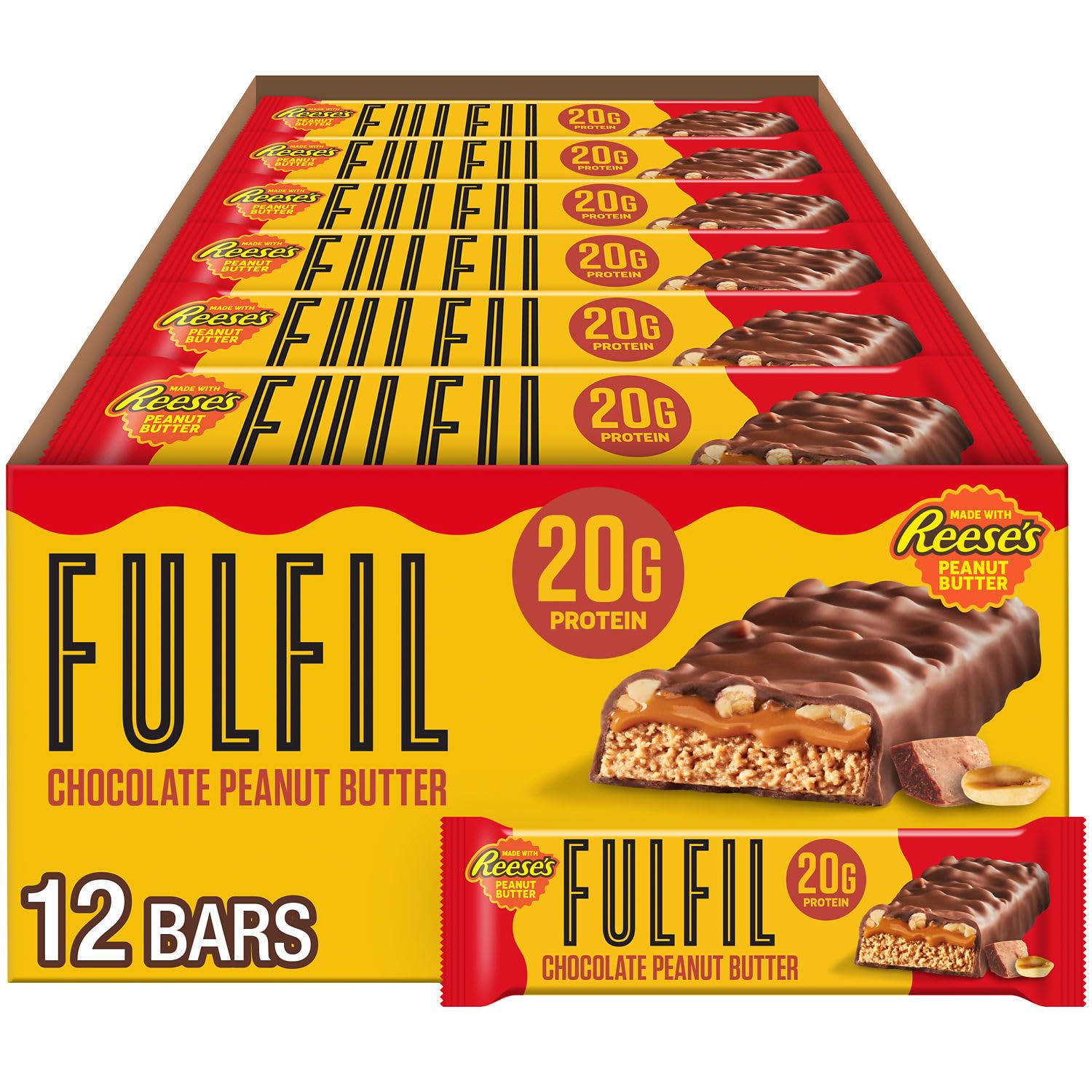 FULFIL Chocolate Peanut Butter Flavored Protein Bar Made with REESE's Peanut Butter, Gluten Free with 20g Protein, Pantry Staples, 12 Count