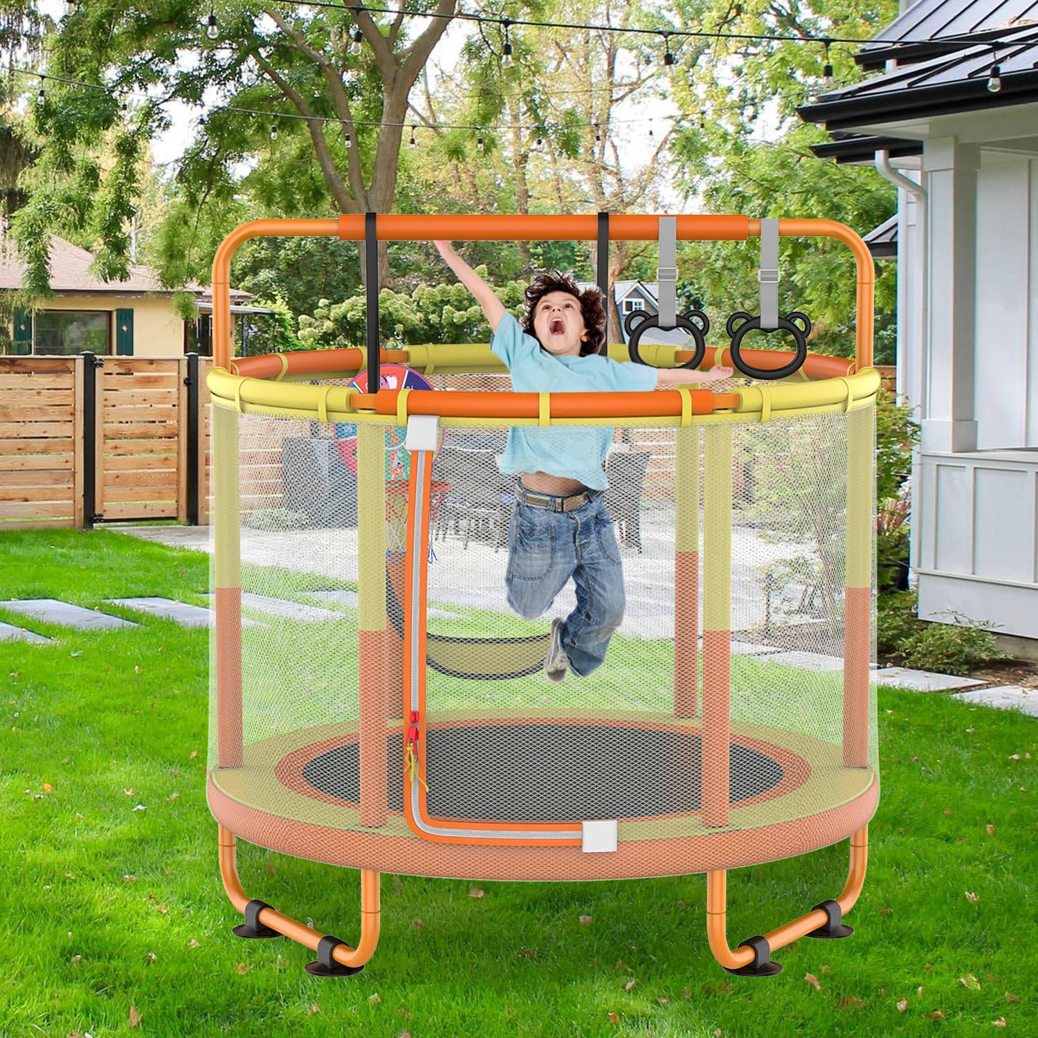 CZCPAPY Trampolín para Niños, Trampolín para Niños al Aire Libre, Uso Interior y Exterior, con Red de Seguridad, Cesta, Postes, Columpios, Regalo para Niños (amarillo naranja)