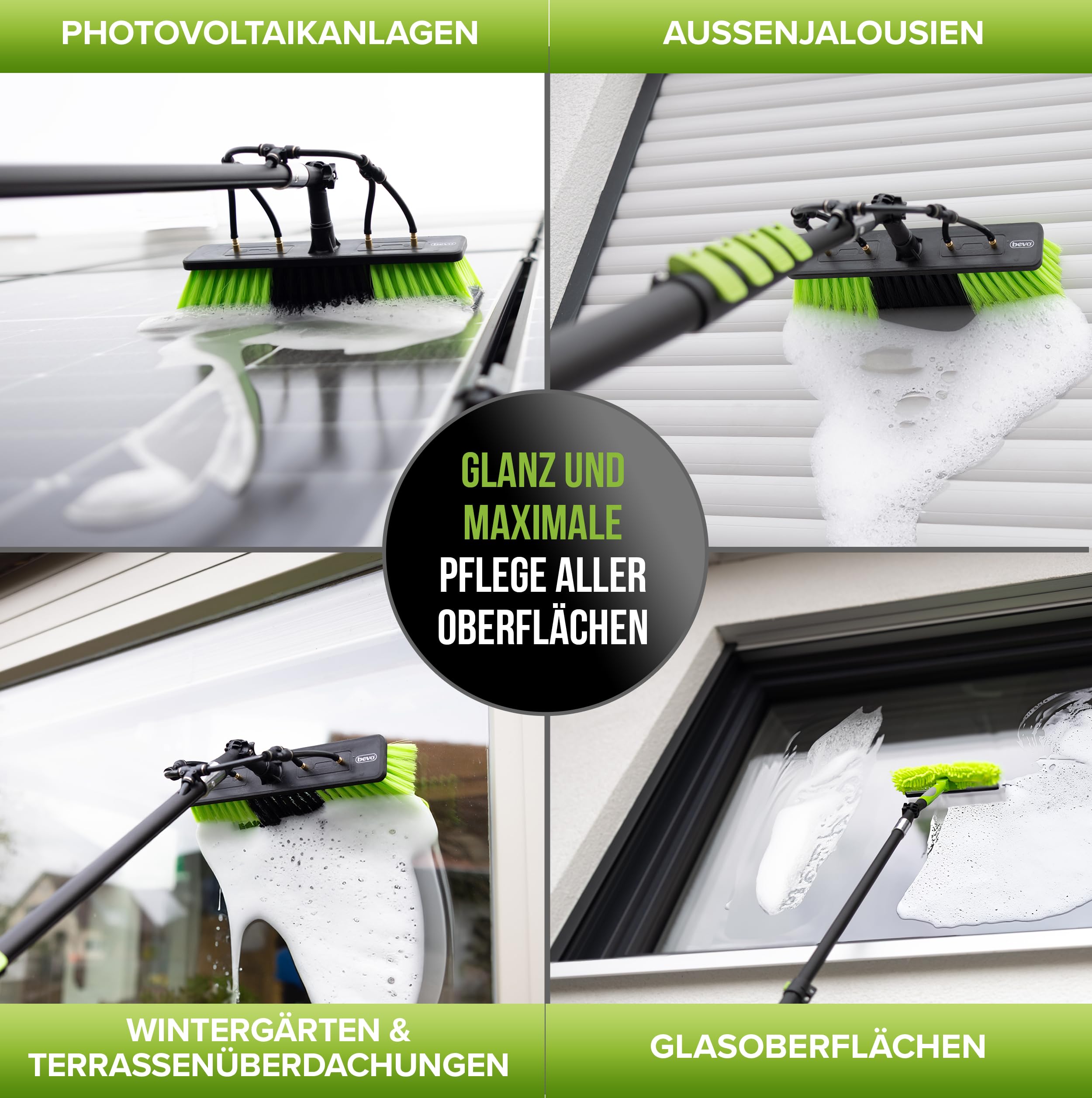 bevo - 4in1 Teleskop Waschbürste 7,2 M für Photovoltaik, Fenster, Wohnmobil & Dach-Reinigung - Teleskopstange & Teleskopbürste Reinigungs-Set mit Wasseranschluss, Reinigungs-Bürste & Wischer PV Anlage