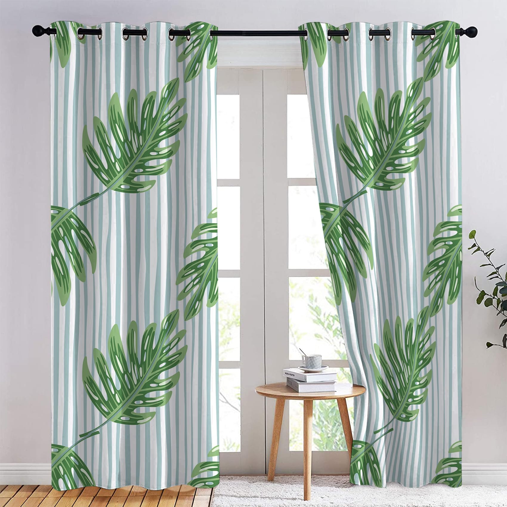 Rideaux Occultants THYUNQ Motif Feuilles - Lot De 2 Panneaux 140x200cm Thermiques Et Insonorisants