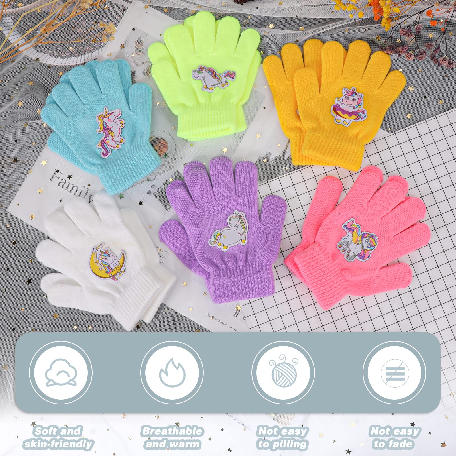 QKURT 6 Pares de Guantes de Punto para Niños Guantes Cálidos de Invierno para Niños Pequeños Manoplas Mágicas de alto Estiramiento con Patrón de Unicornio Novedoso Adecuado para Niñas de 5 a 12 años