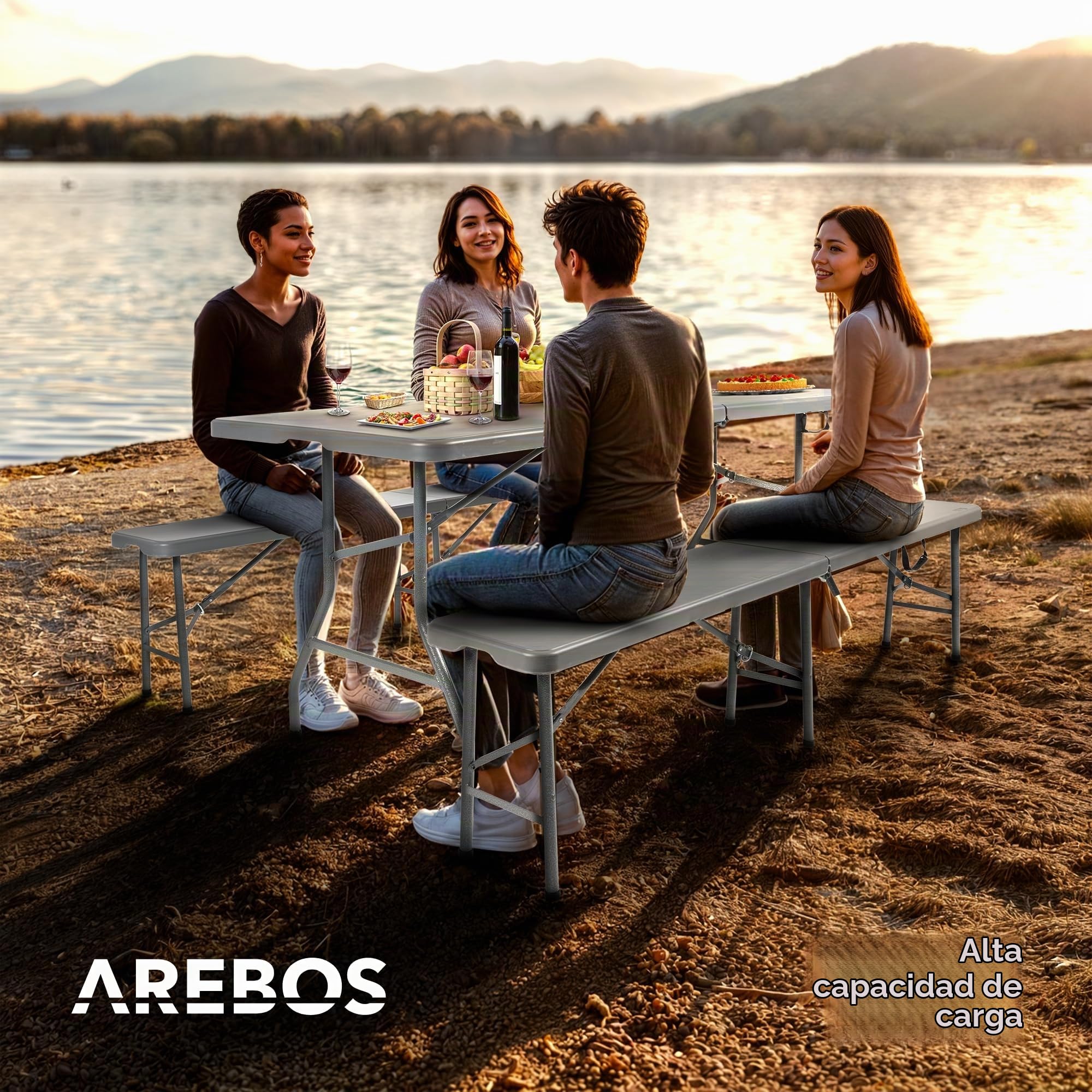 Arebos Carpa cervecera Juego de 3 Piezas Mesa + 2 x Banco | Juego de Carpa para Interior - Exterior | Plegable y con asa de Transporte Mesa de Camping | Antracita