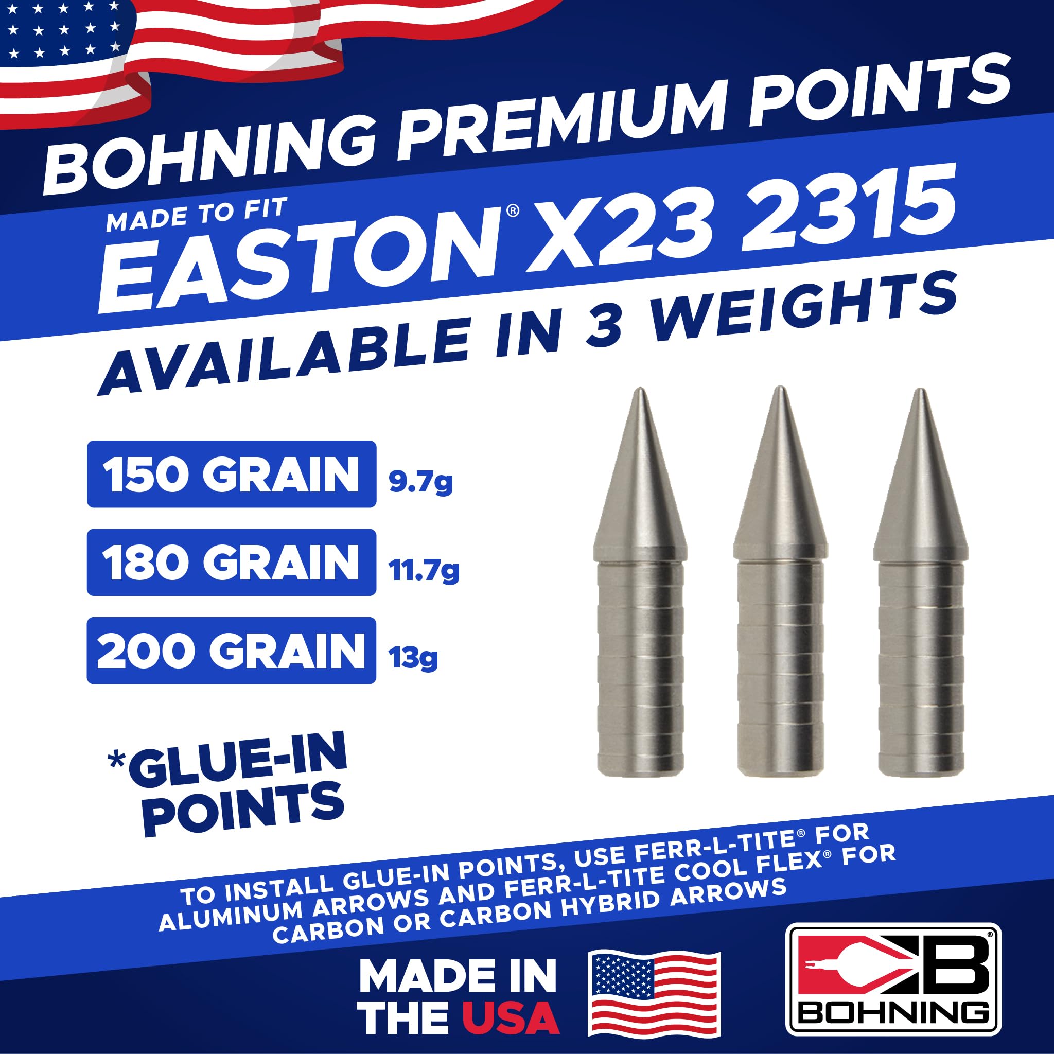 Bohning Match Grade Glue-in Points for Easton® X23-2315, 200 Grain, 12pk