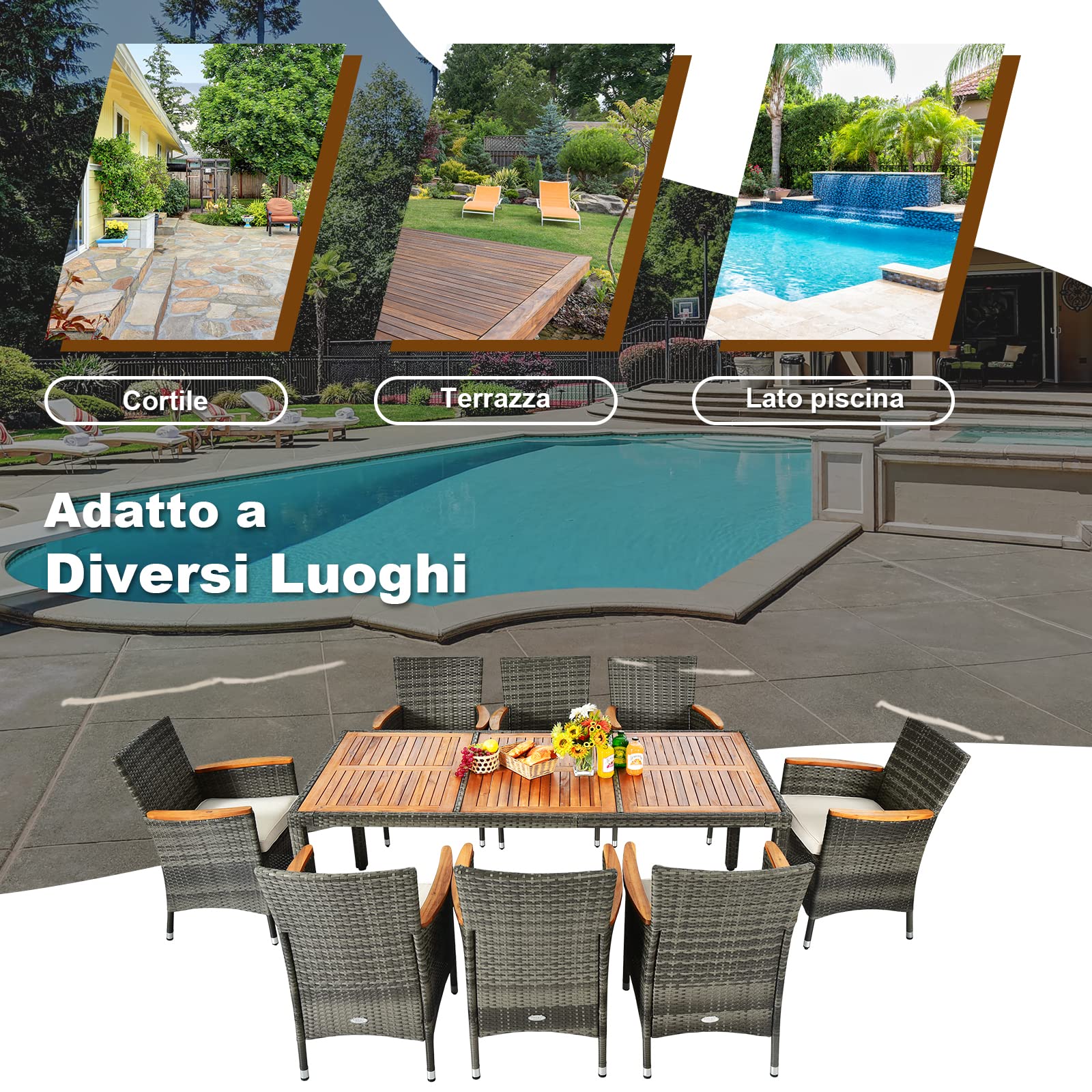 COSTWAY Set 9 Pezzi da Pranzo per giardino, Set di Mobili Esterno in Rattan PE, con 1 Tavolo Rettangolare e 8 Sedie con Cuscini, Ideale per Giardino Piscina e Cortile