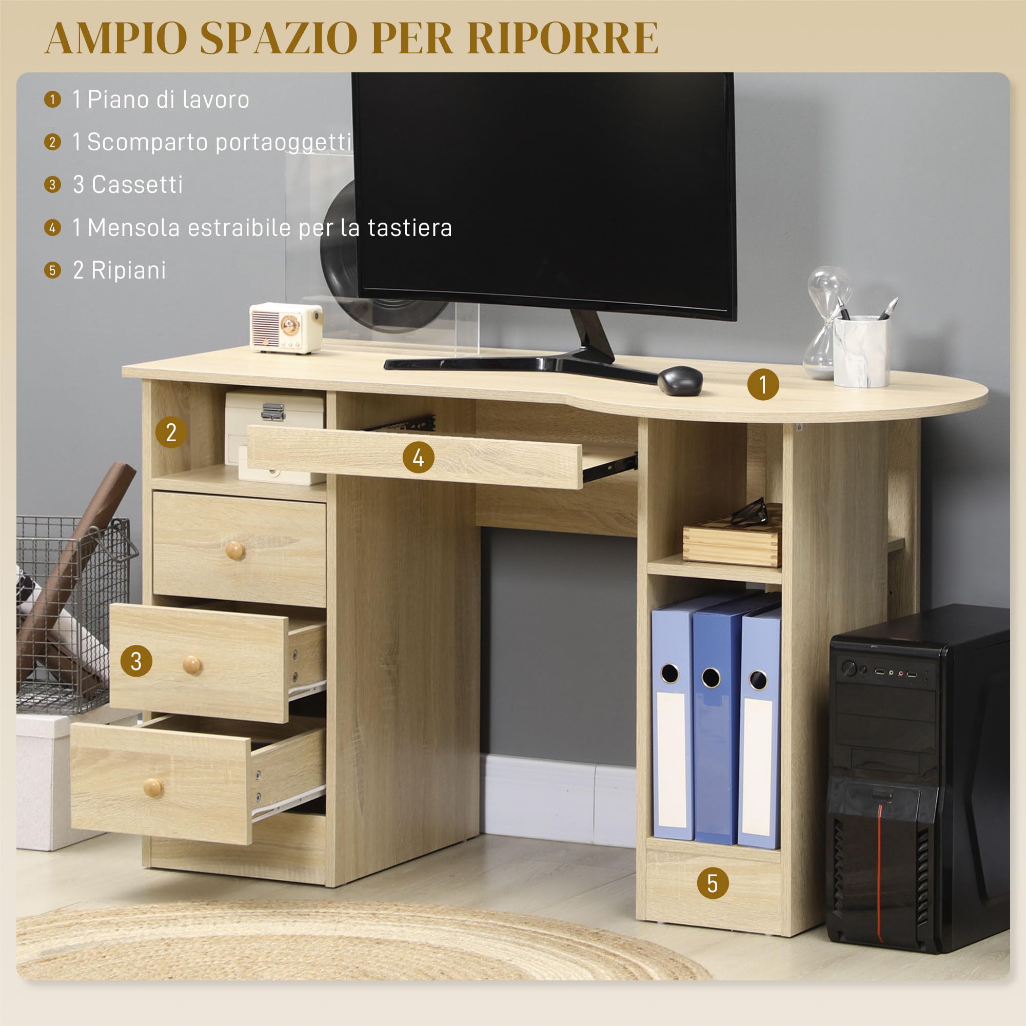 HOMCOM Scrivania PC per Ufficio con Scaffali 125x60x74cm Color Legno | Scrivania per Computer, Ripiano Testiera, 3 Cassetti in Legno