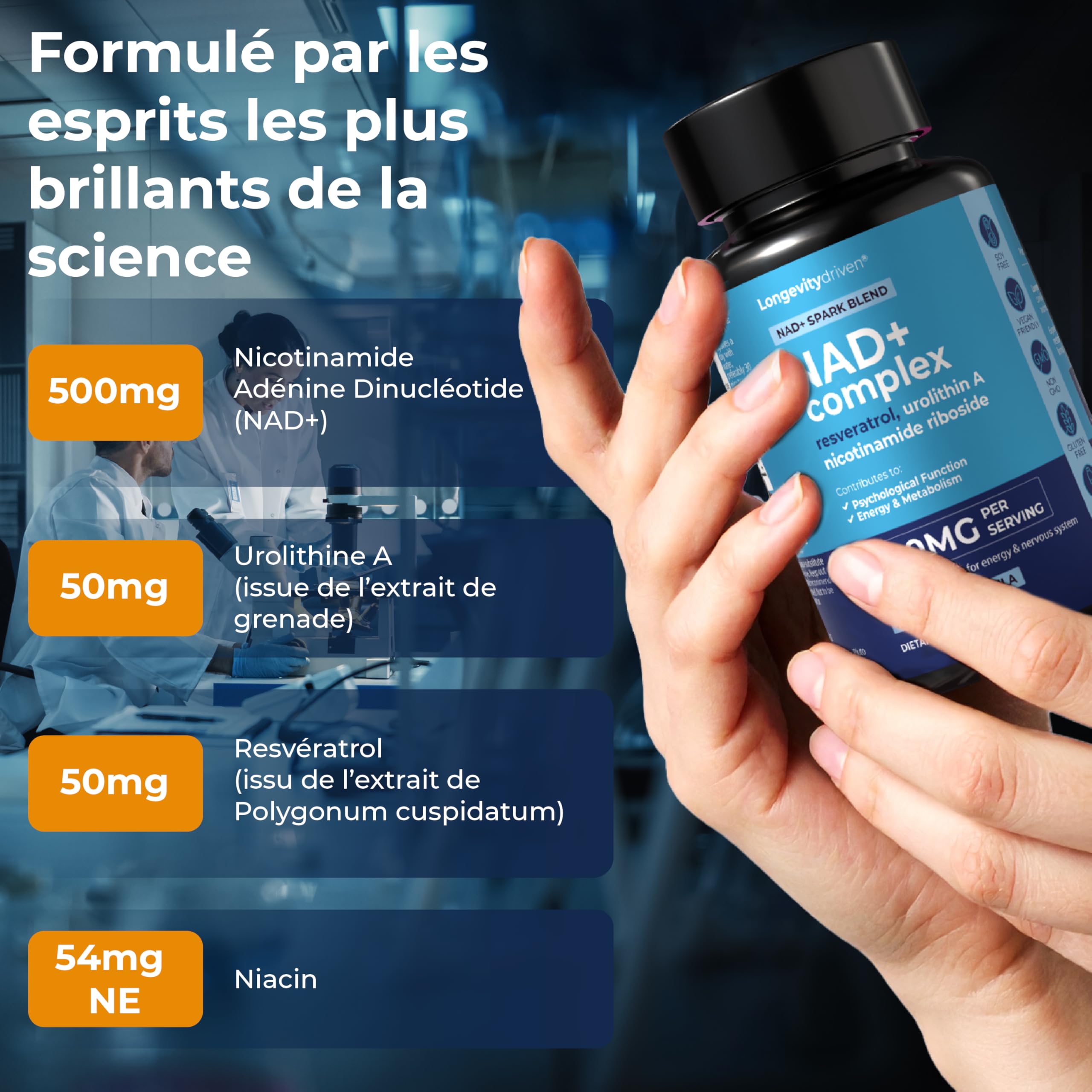 NAD+ 600 mg, Anti-âge, Réduit la Fatigue et Améliore le Métabolisme, Resvératrol, Urolithine A, Niacine, 60 Capsules, 1 Mois D'approvisionnement