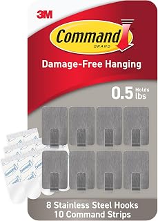 Command Small Stainless Steel Hooks, 8 Hooks, 10 Strips