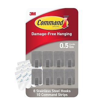 Command Small Stainless Steel Hooks, 8 Hooks, 10 Strips
