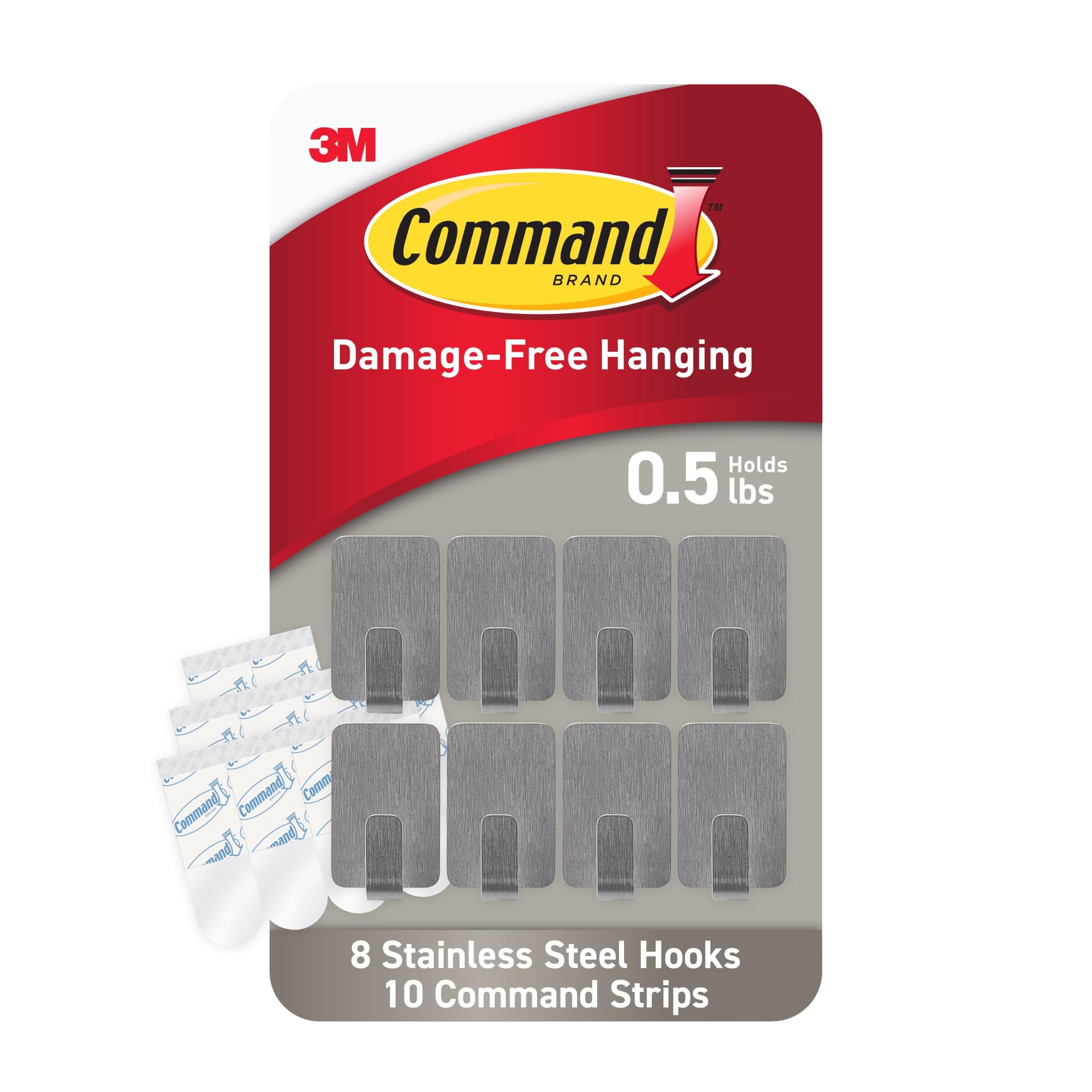 Command Small Stainless Steel Hooks, 8 Hooks, 10 Strips