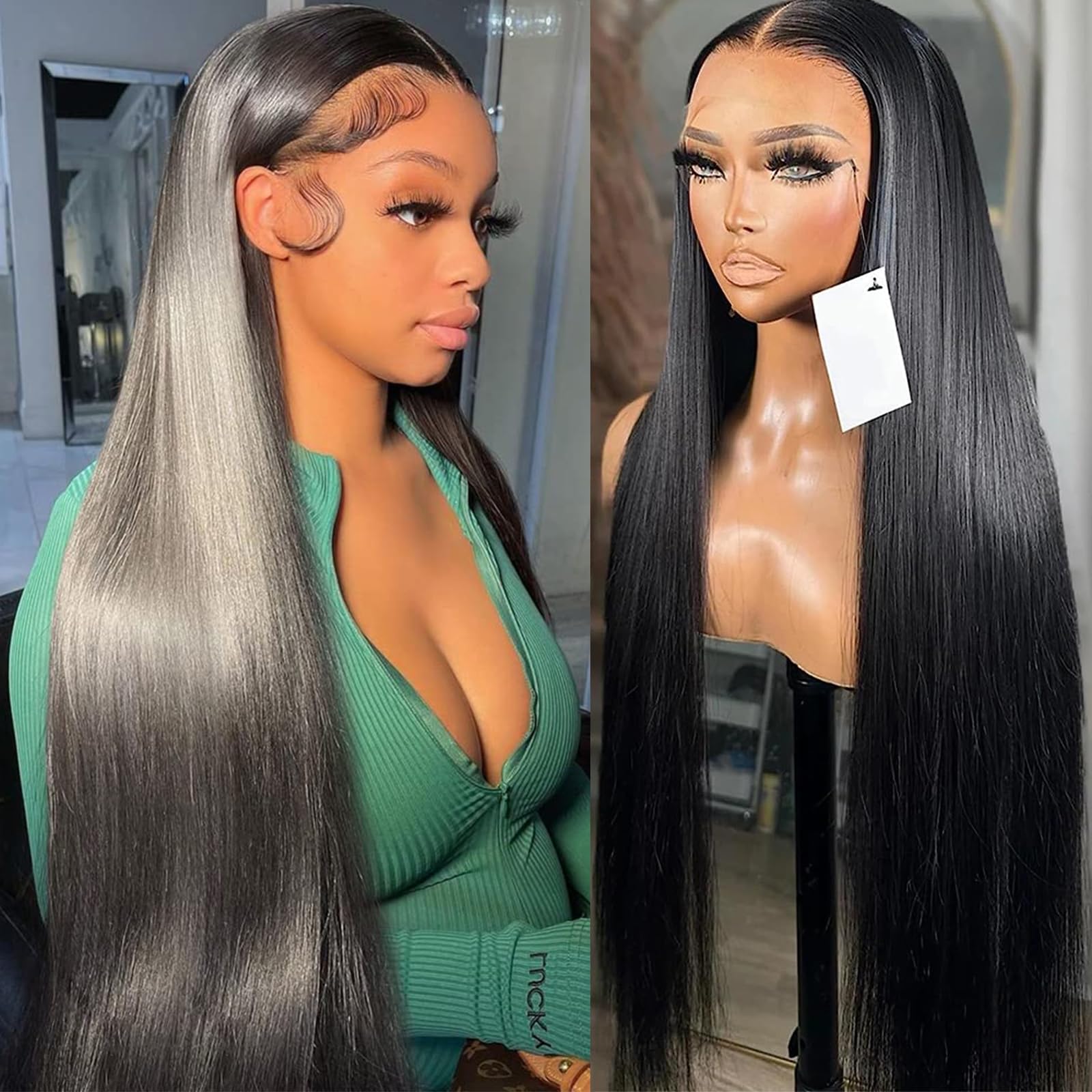 LemodaFull 13x6 Straight Lace Frontal Wigs Human Hair 180 Density HD Transparent Lace Frontal Wig Pre Plucked 12A Grade Brazilian Virgin Human Hair Wigs for Women Natural Black 34 Inch